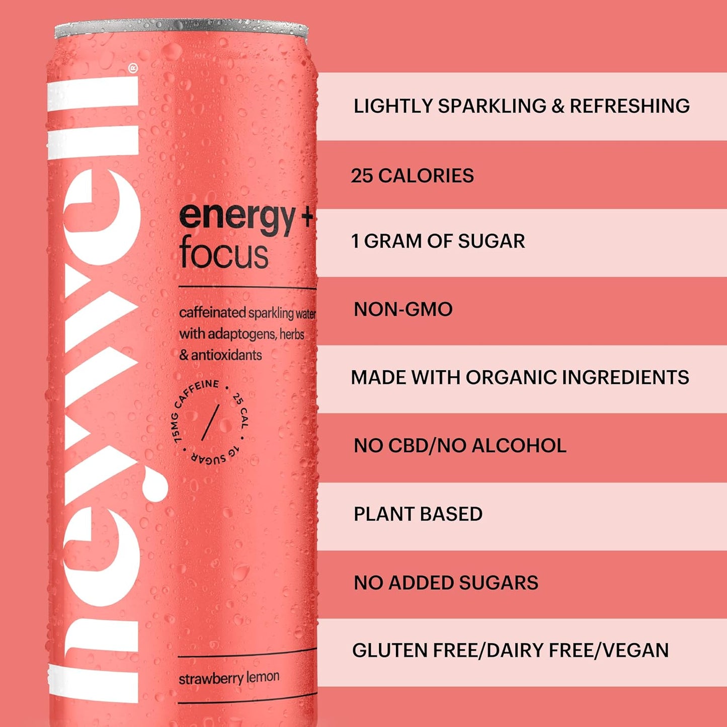 Heywell Sparkling Adaptogenic Water Energy and Focus, Strawberry Lemon Flavor 12 Fluid Ounce (Pack of 12) - Caffeinated, Organic, Non GMO, Vegan, Gluten Free, Dairy Free