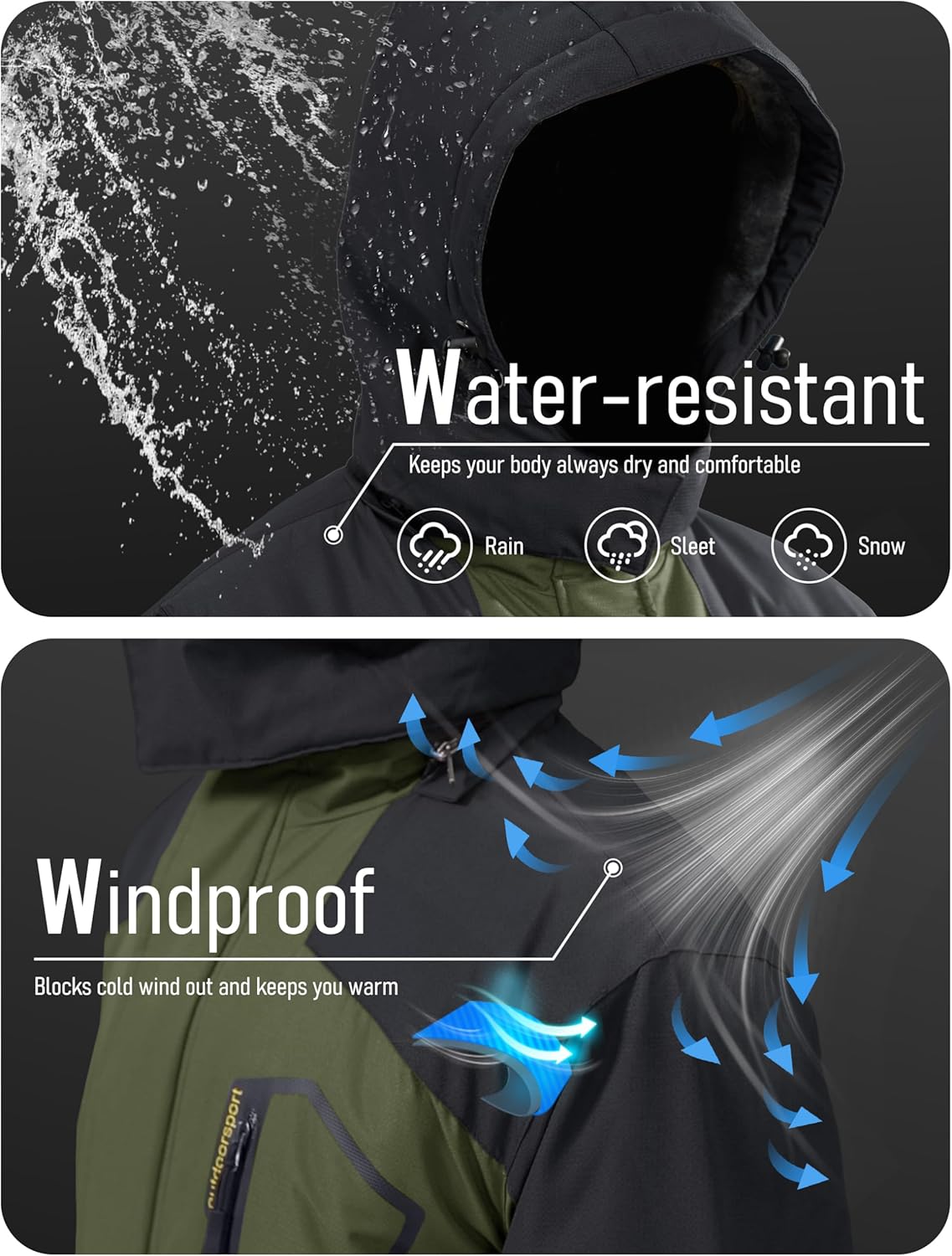 MAGCOMSEN Men's Winter Coats Water Resistant Ski Snow Jacket Warm Fleece Jacket Parka Raincoats With Multi-Pockets