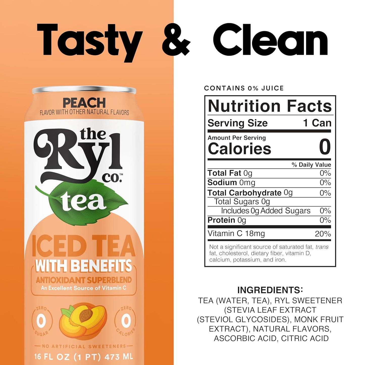 Ryl Iced Tea, Peach, Antioxidant Superblend, Zero Sugar, Low Carb, Zero Calorie Iced Tea, 16.0 Fl Oz (12-Pack)