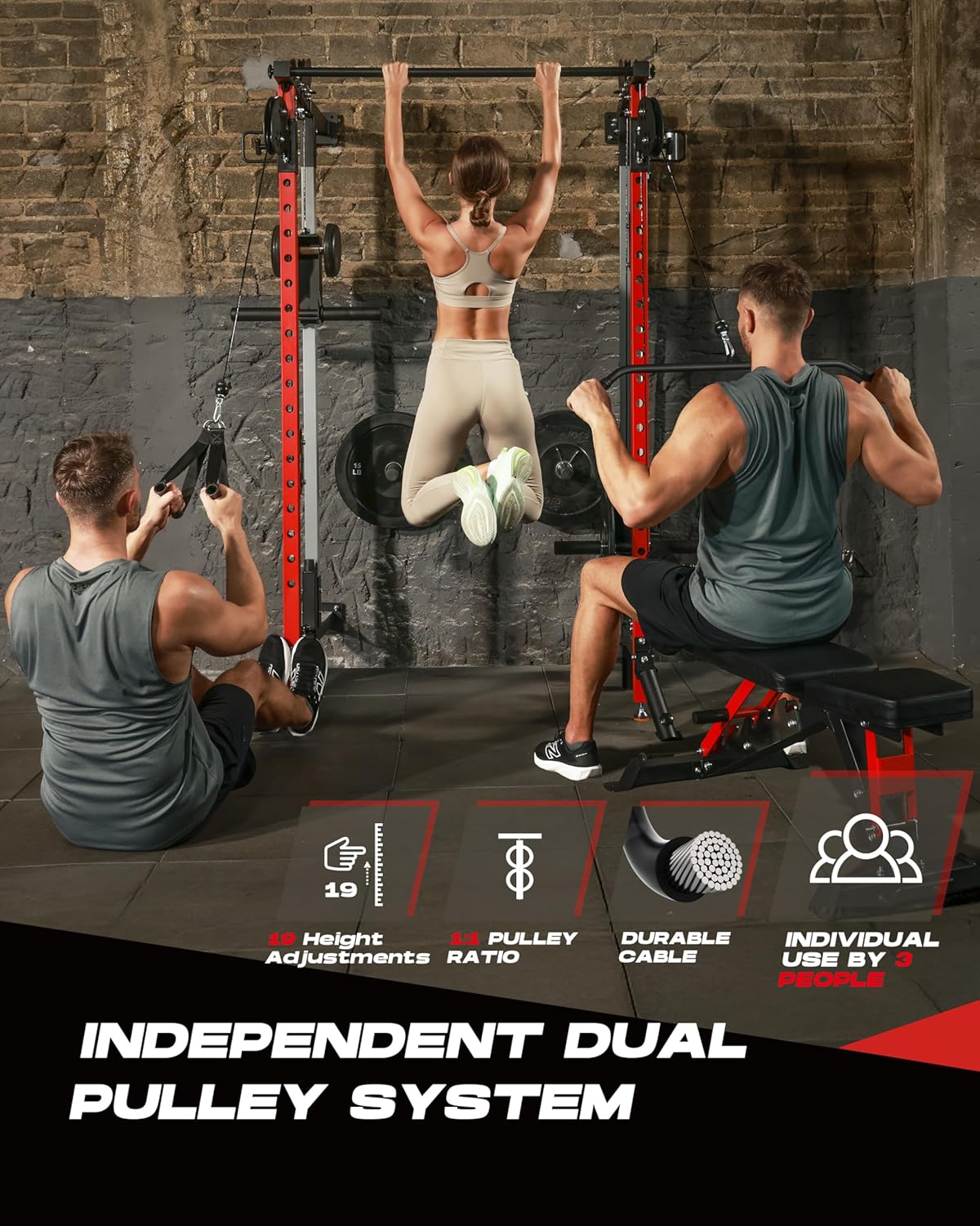 Folding Power Rack, Wall Mounted Squat Rack with Dual Independent Pulley System, Multi-Function Power Cage with 5 Adjustable Function Modes, Power Rack Trainer for Space Saving Home Gym