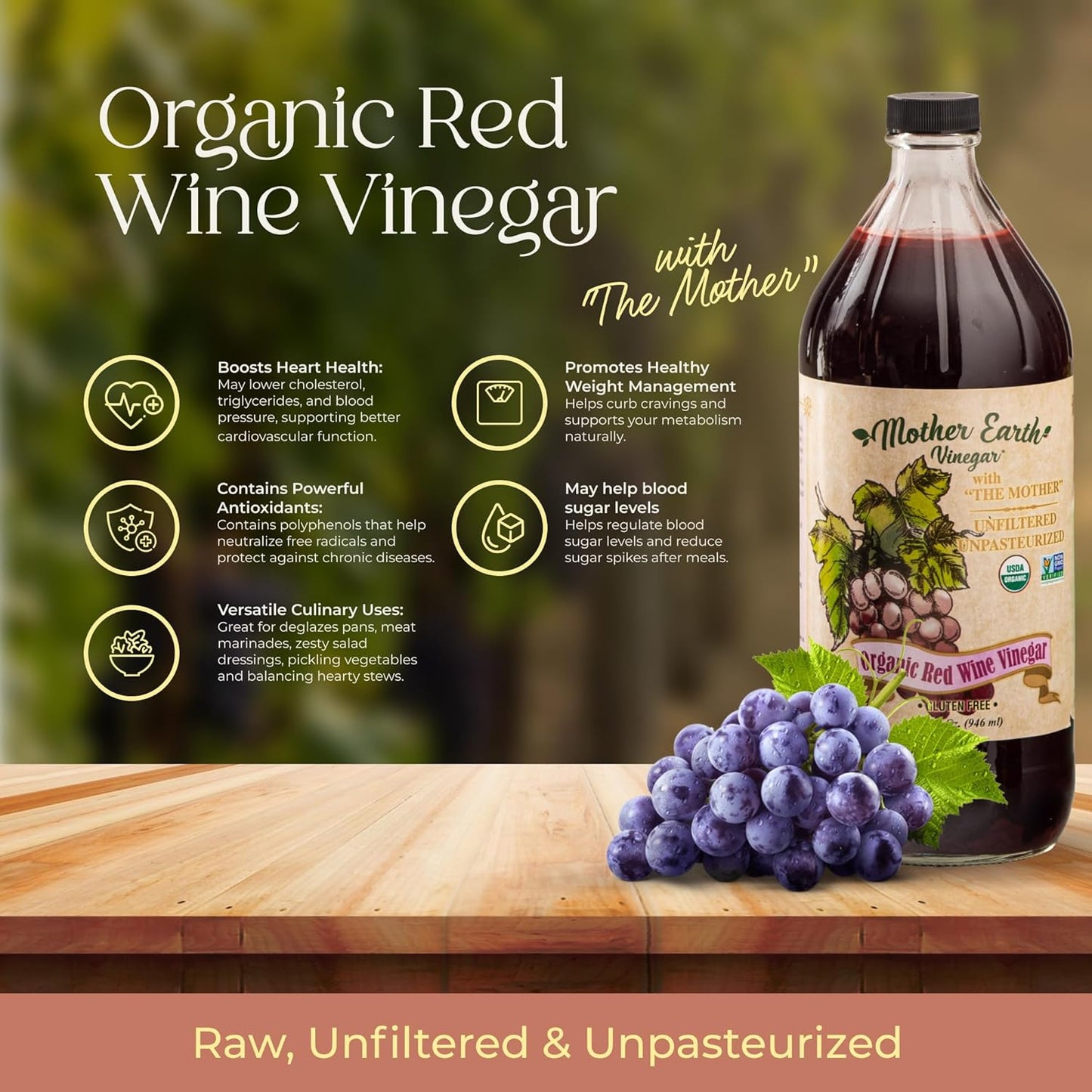 Mother Earth, Organic Red Wine Vinegar with The Mother, Fresh Pressed Organic Cabernet Grapes, ORWV, RWV, Raw, Unpasteurized, Unfiltered (1/32oz Glass Bottle)