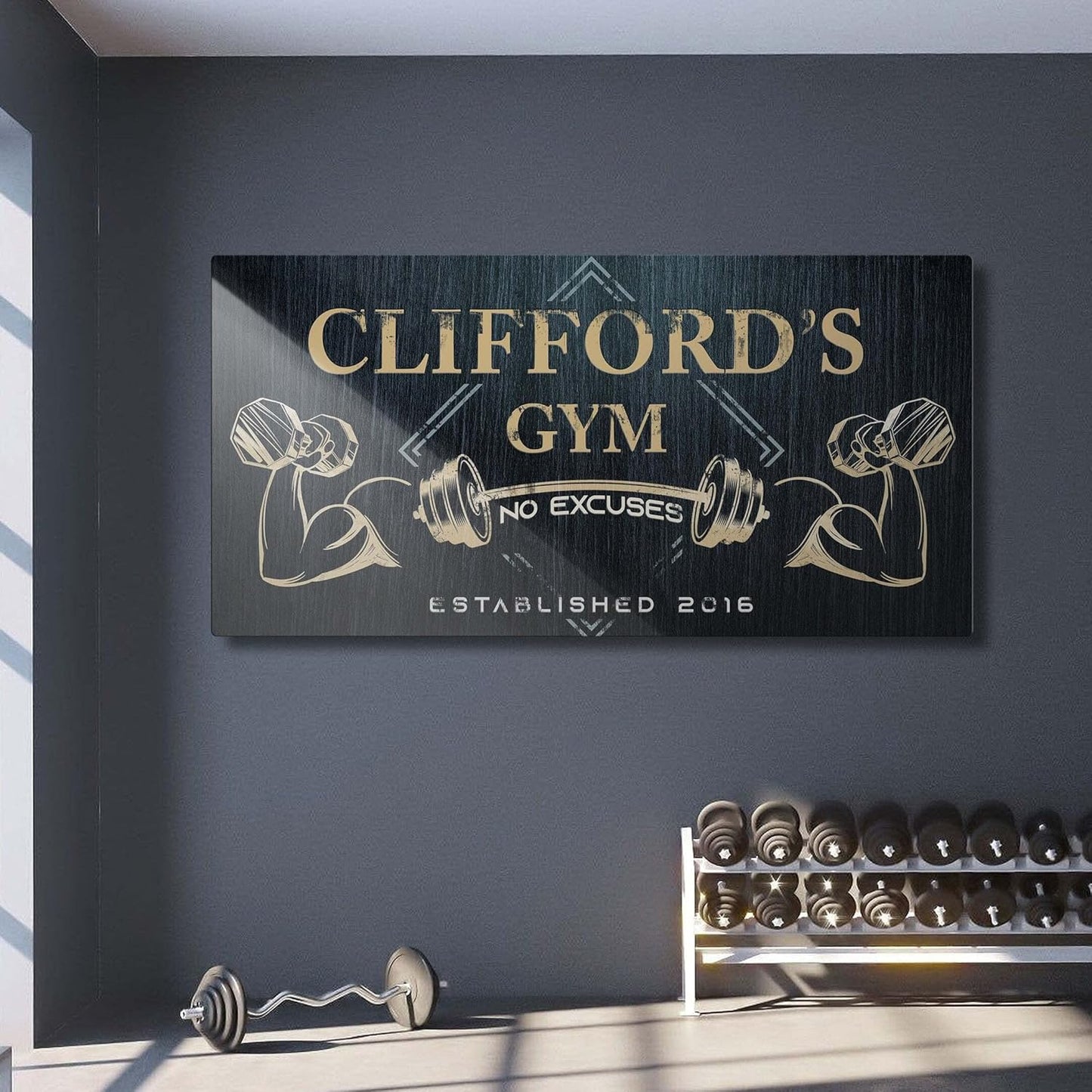 Tailored Canvases Personalized Gym Sign Wall Art Decor - Motivational Canvas for Home Gym, Workout Room, Garage, Fitness Center - Workout Inspirational Posters - Gym Name on Charcoal Background, 20x10in