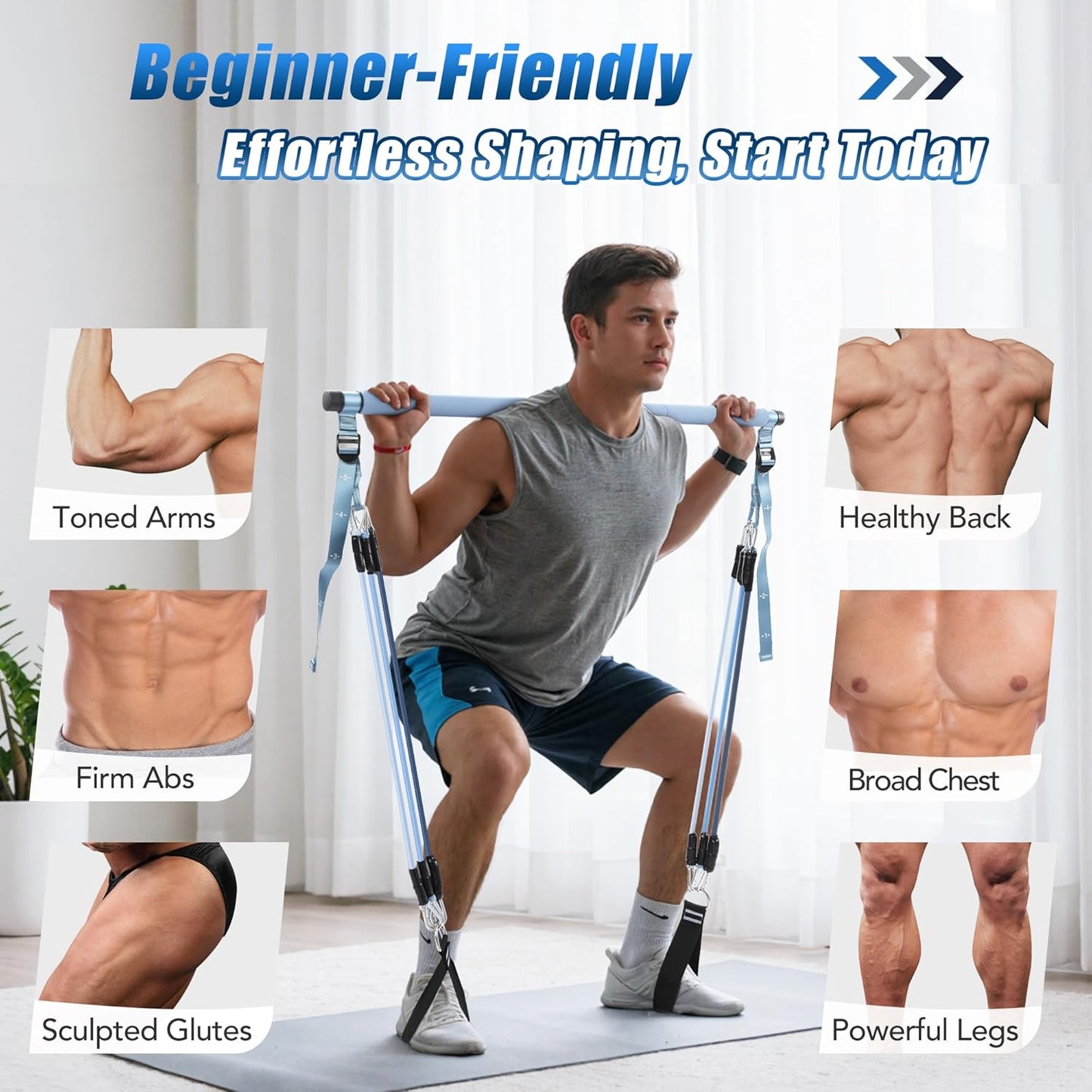 Upgraded Pilates Bar Kit with Resistance Bands Natural Latex for Women & Men, Heavy-Duty Stainless Steel Multifunctional Yoga Pilates Stick for Home Gym Exercise Fitness Equipment Full-Body Workouts