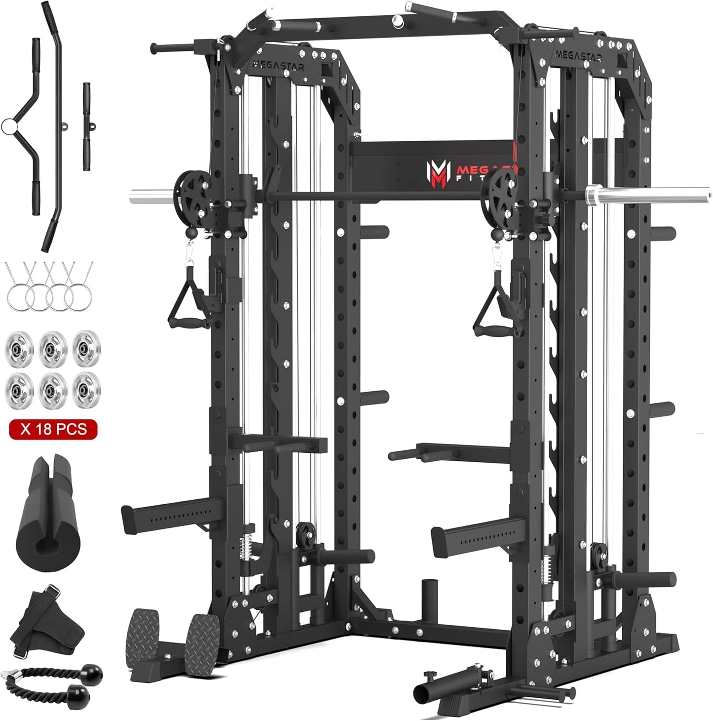 Smith Machine Home Gym with Aluminum Pulley Set - 2000lbs Capacity All-in-One Power Rack with Cable Crossover, Pull-Up Bar & Dip Station, Includes 18 Attachments, P107 Anvil