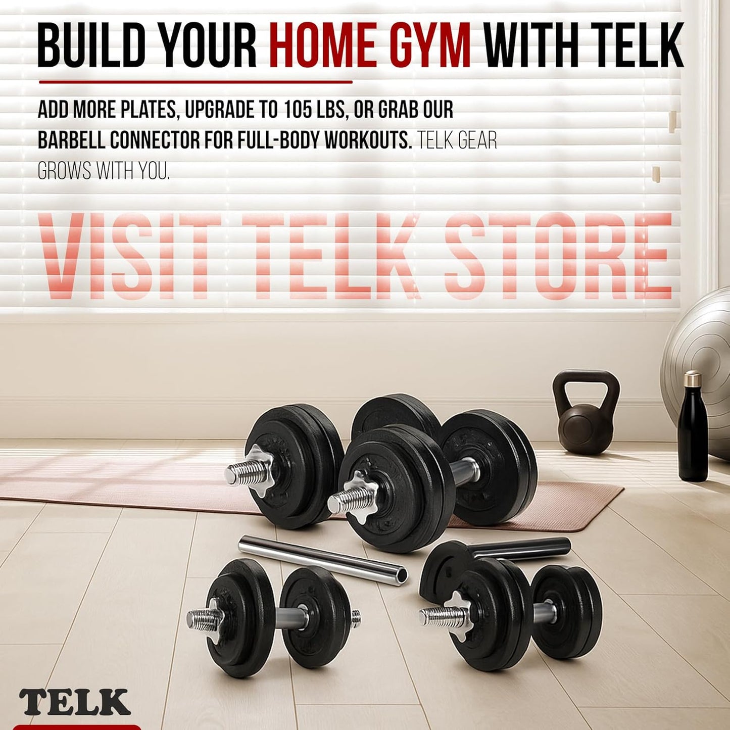 TELK – Adjustable Dumbbell Set – Home Gym Weight Set with Baked Enamel Cast Iron Plates – Space-Saving Free Weights for Strength Training