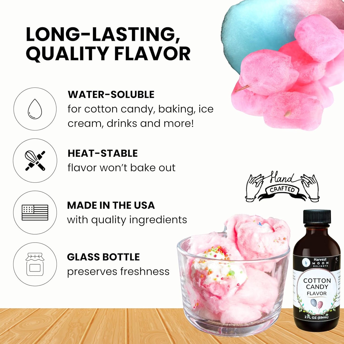 Cotton Candy Flavoring Extract - 2 oz - Water-Soluble - By Harvest Moon Delights - Cotton Candy Extract for Baking, Ice Cream, Drinks, and Candy - Flavor - Sugar Free