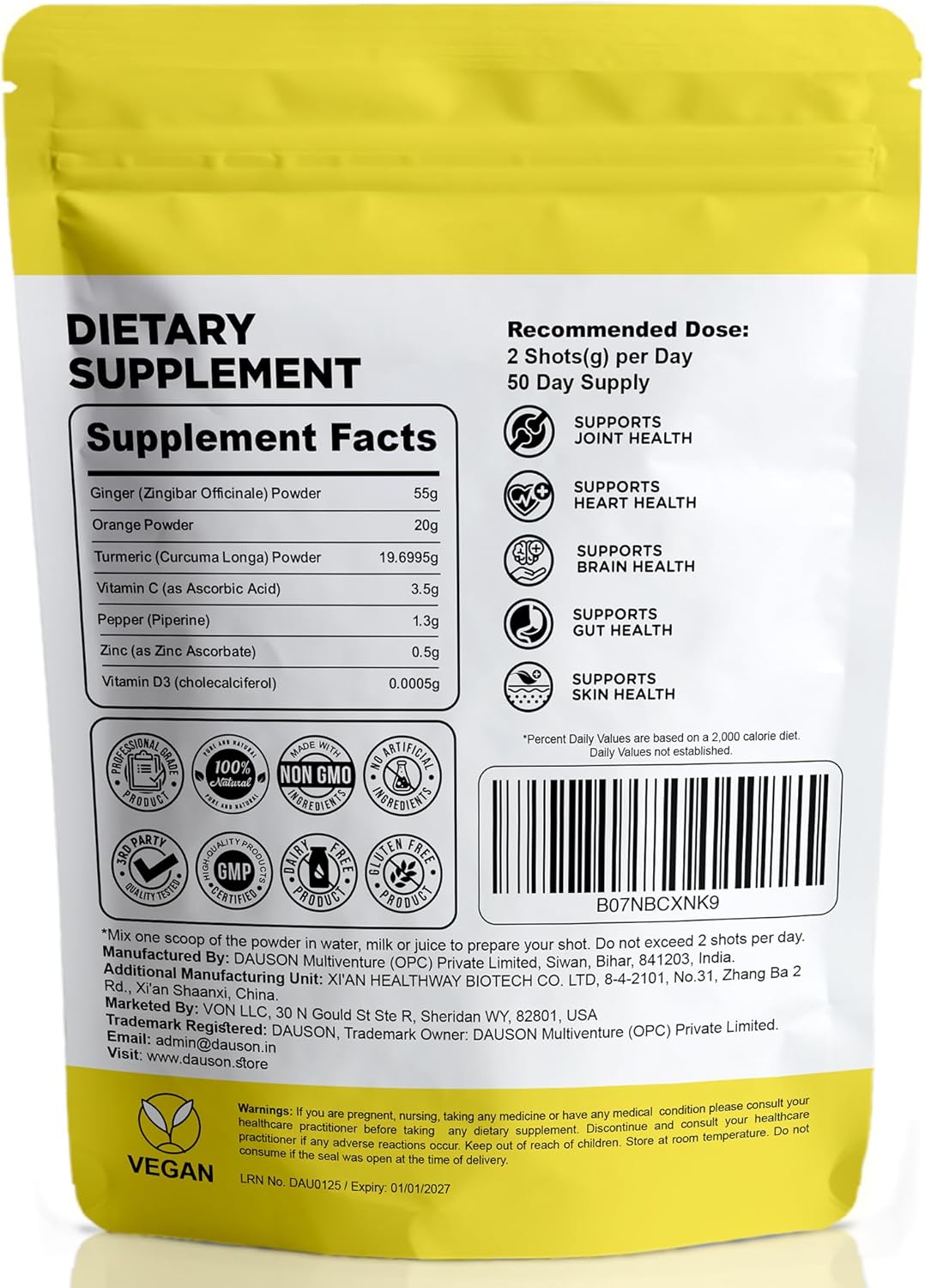 Ginger Turmeric Supplements with Piperine, Orange, Vitamin C, Vitamin D3 & Zinc | Ginger Turmeric Shots for Joint, Heart, Brain, Gut & Skin Health | 100 Servings | Ayurvedic | Powder