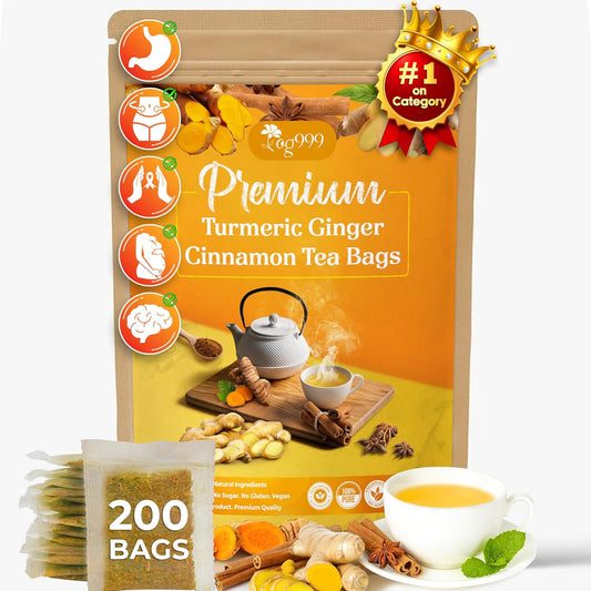 200 Bags Premium Turmeric Ginger Cinnamon Tea, Improve Digestion, Support Brain, Weight, Skin and Sleep, Eco-Conscious Tea Bags and Premium Natural Ingredients. Turmeric Ginger Herbal Tea. No Sugar, No Caffeine, No Gluten, Vegan.