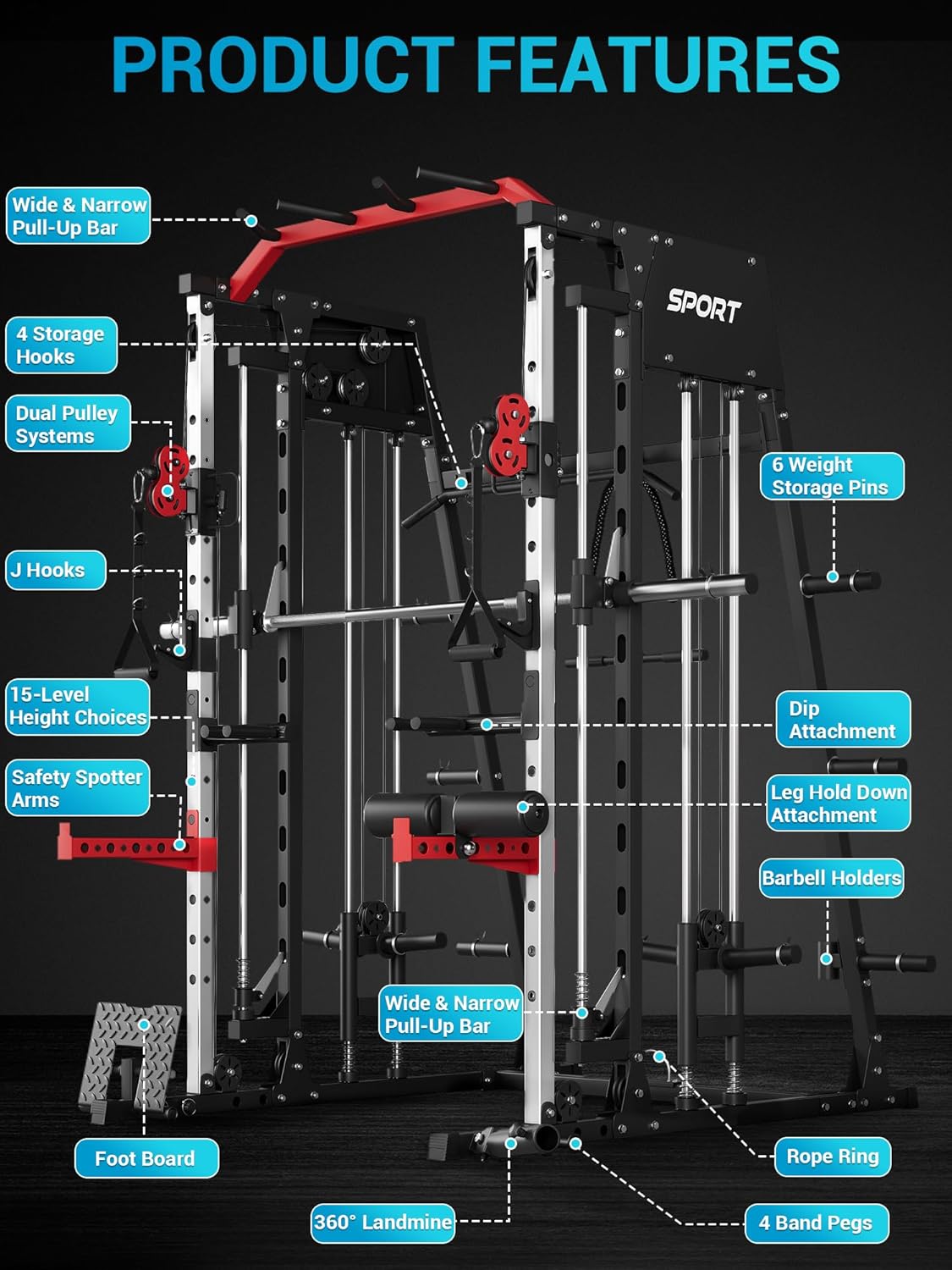 Smith Machine, Power Cage Squat Rack with Cable Crossover, Dual Pulley System, Pull-Up Bar, Home Gym Workout Equipment with Attachments for Strength Training and Weightlifting