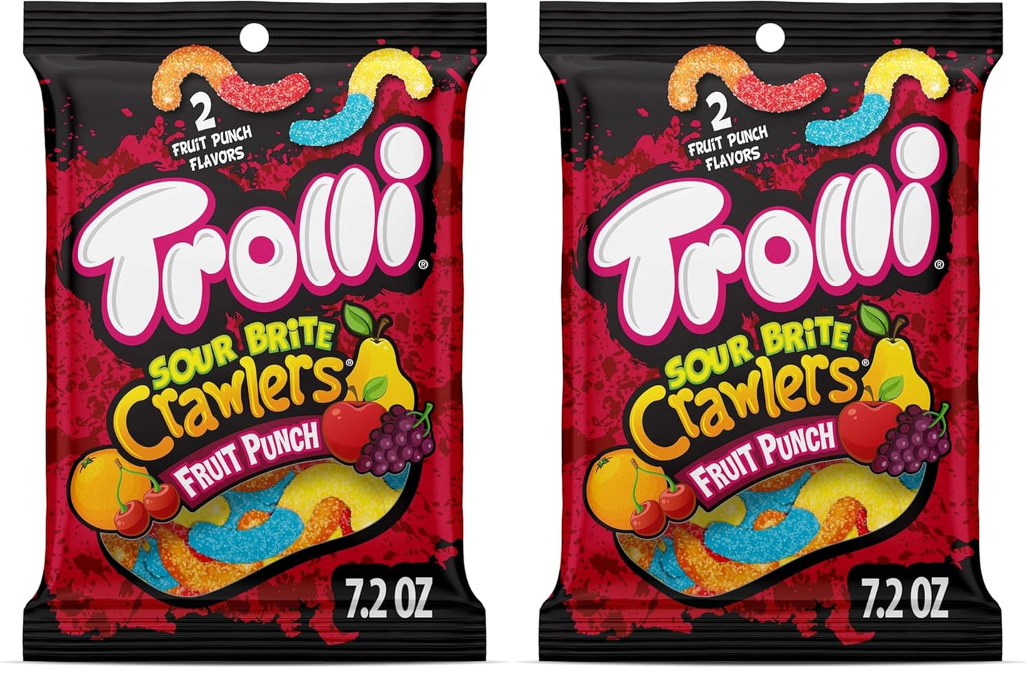 Trolli Sour Brite Crawlers Candy, Fruit Punch Flavored Sour Gummy Worms, 7.2 Ounce (Pack of 2)