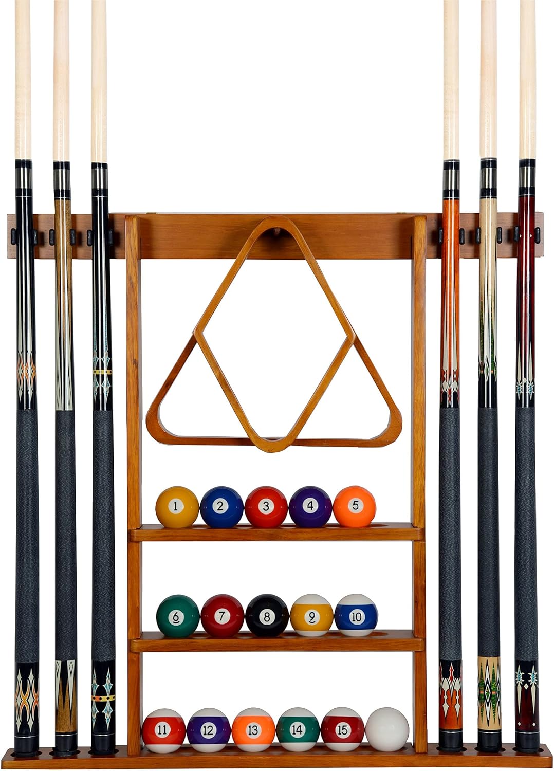 Iszy Billiards Pool Cue Rack - Billiard Pool Stick and Ball Holder Only - 100% Wood Wall Mount Holds 6 Cues and 16 Balls - Pool Table Accessories, Oak
