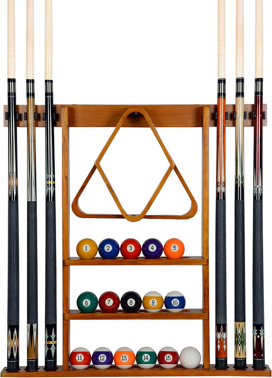 Iszy Billiards Pool Cue Rack - Billiard Pool Stick and Ball Holder Only - 100% Wood Wall Mount Holds 6 Cues and 16 Balls - Pool Table Accessories, Oak
