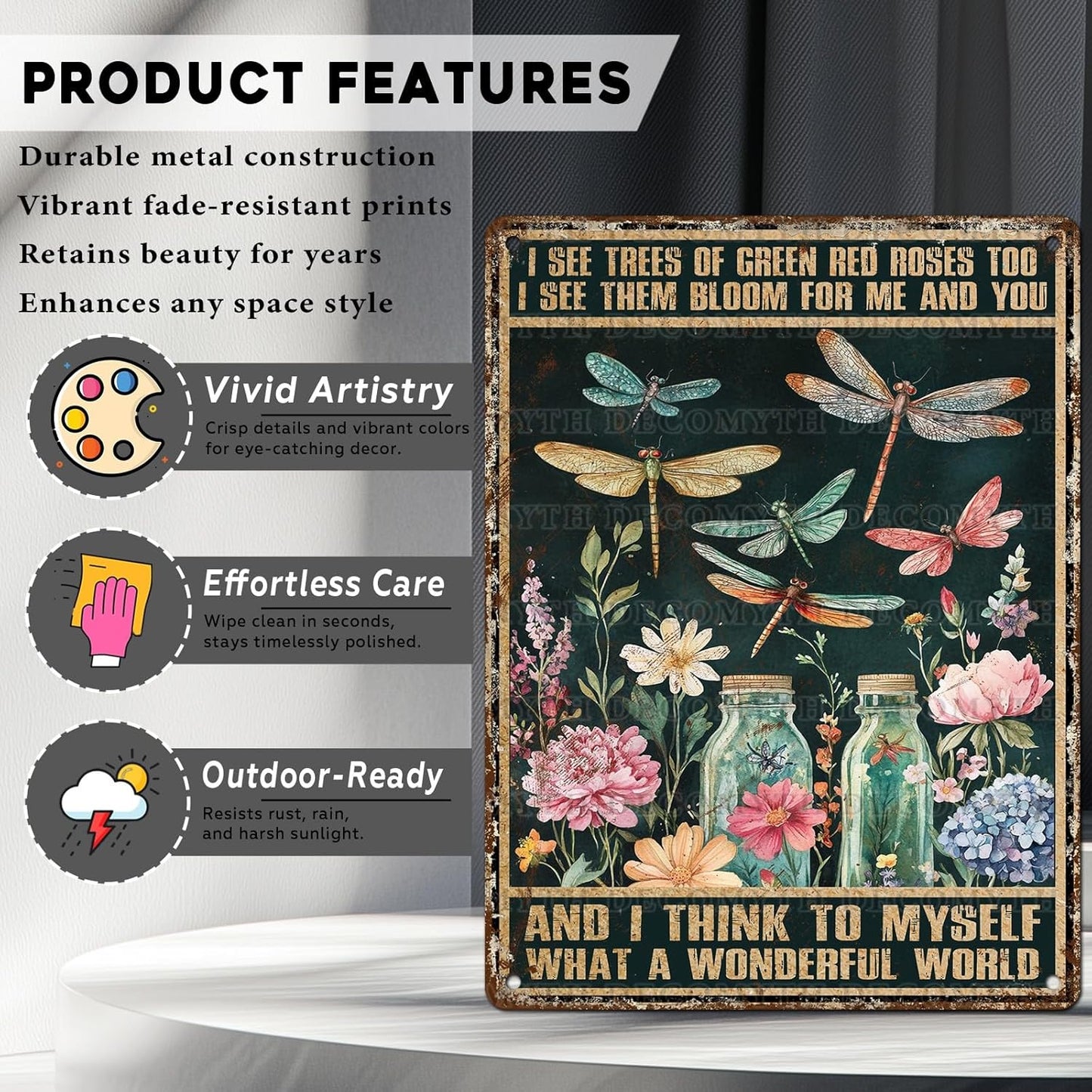 Dragonfly Decor And I Think To Myself What A Wonderful World Vintage Metal Tin Sign Decorative Plaque Poster 12 * 16inch