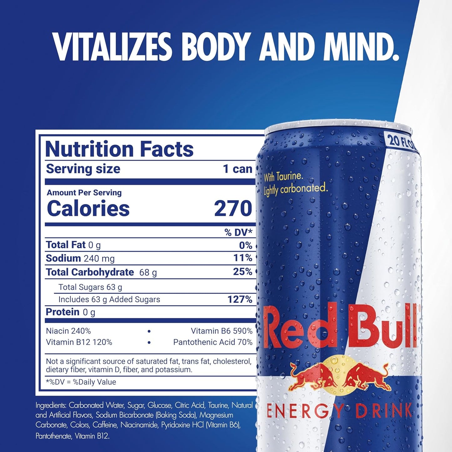 Red Bull Energy Drink with 189mg Caffeine plus Taurine & B Vitamins, 20 Fl Oz, Pack of 12 Cans