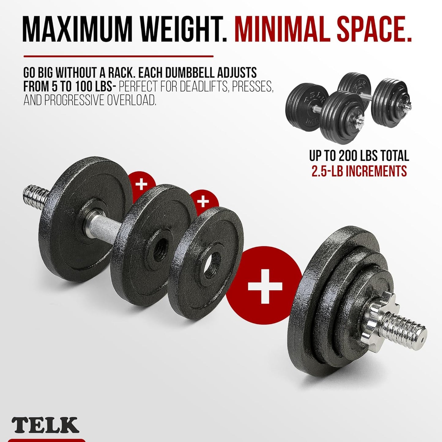 TELK – Adjustable Dumbbell Set – Home Gym Weight Set with Baked Enamel Cast Iron Plates – Space-Saving Free Weights for Strength Training