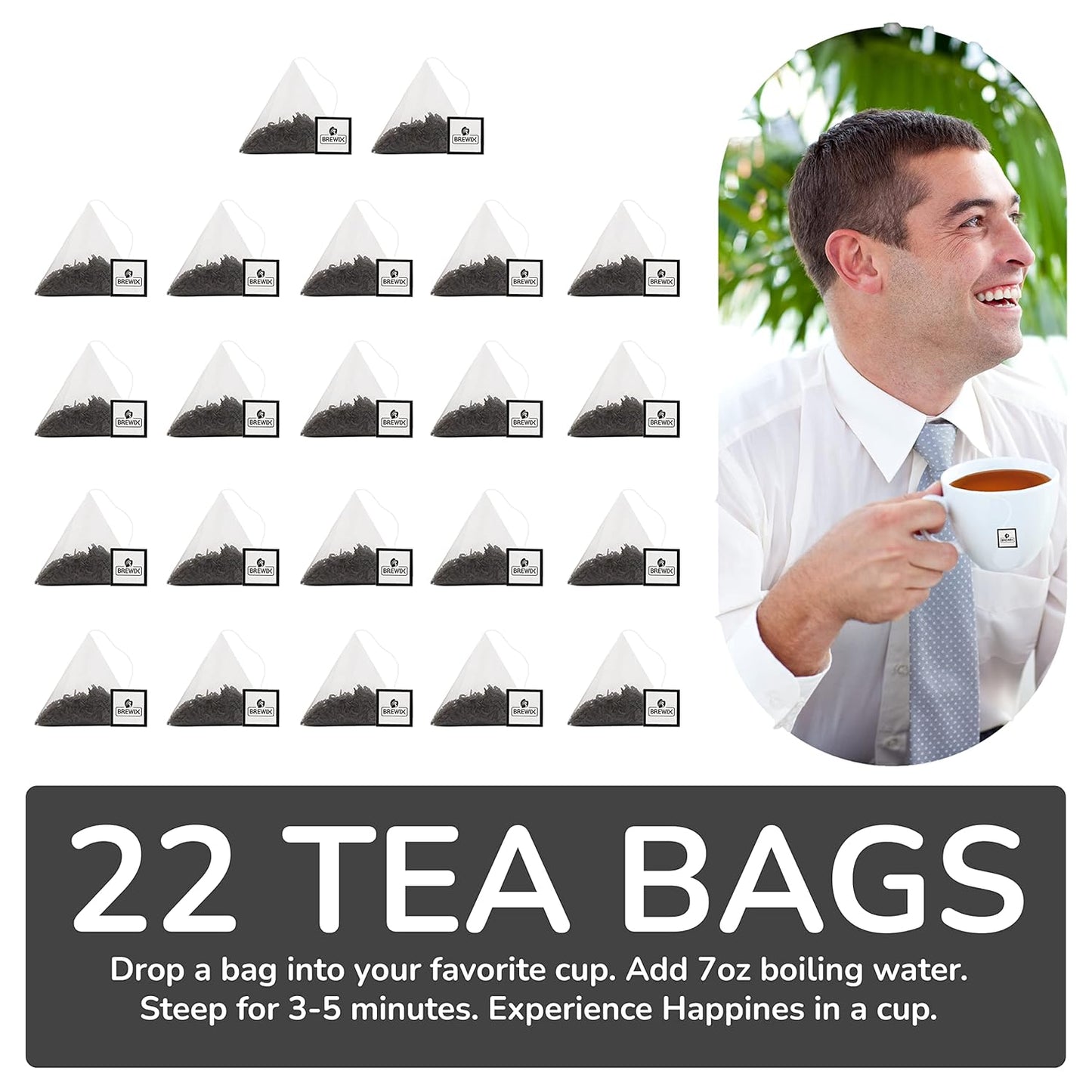 BREWIX, Earl Grey Tea Bags (22 Pyramid Tea Bags) Long Leaf Indian Black Tea with Bergamot, Packed in Resealable Ziplock Pouch | Black Tea with Bergamot