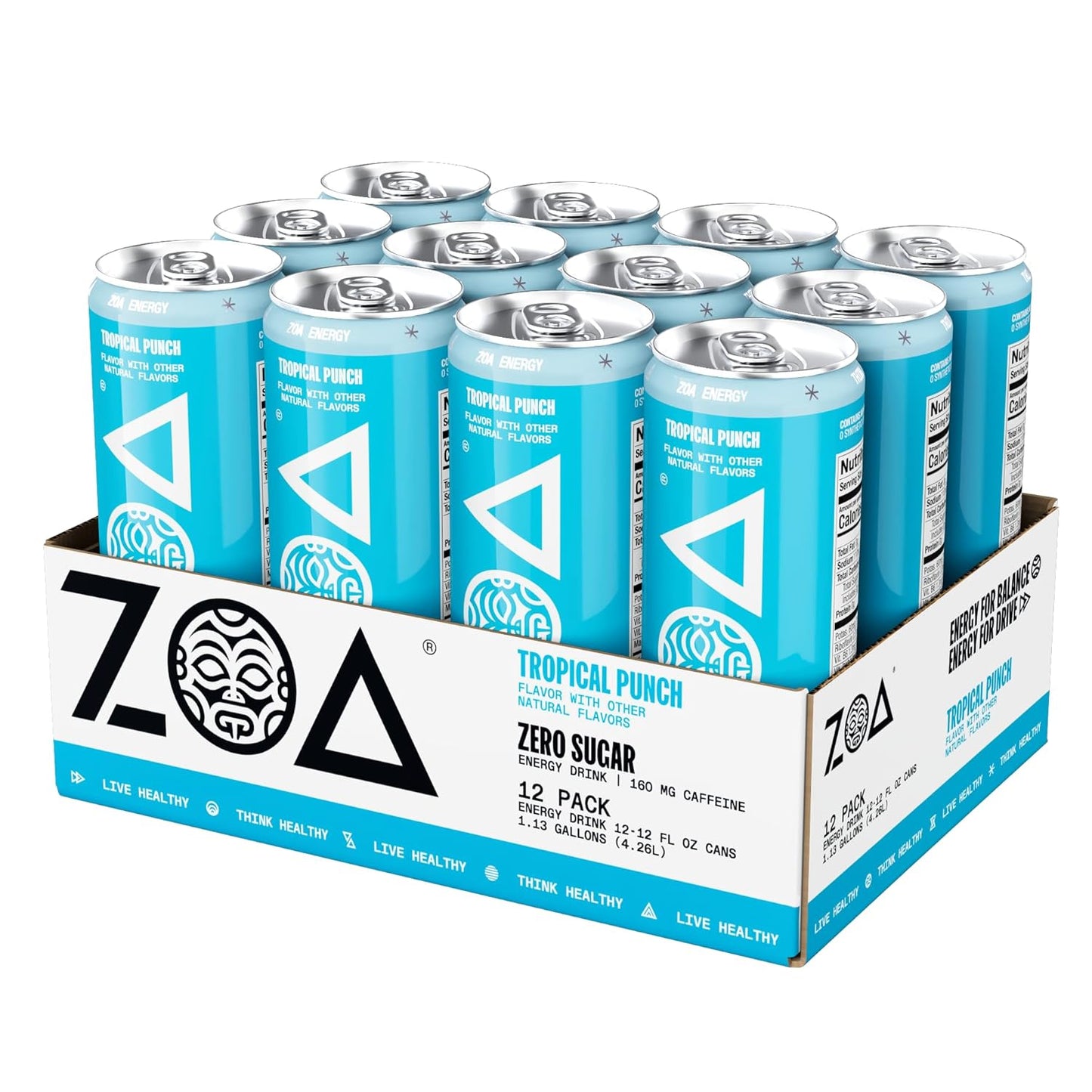 ZOA Zero Sugar Energy Drinks, Tropical Taste Pack - Sugar Free with Electrolytes, Healthy Vitamin C, Amino Acids, Essential B-Vitamins, and Caffeine from Green Tea - 12 Fl Oz (Pack Of 36)