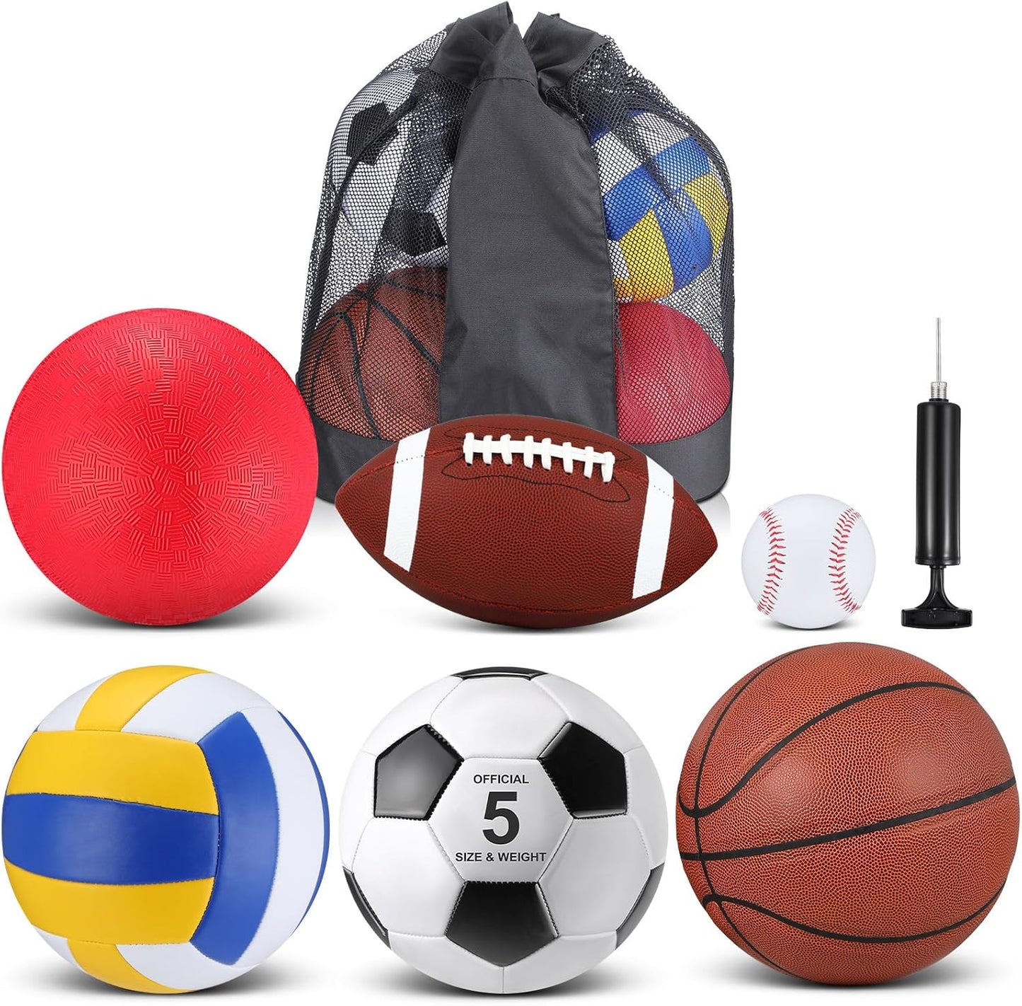 Libima 6 Pcs Multi Sport Ball Set Official Size Football, Basketball, Soccer, Volleyball, Playground Ball, Baseball with Sports Equipment Bag Pump for Teen Adult Christmas School Gift