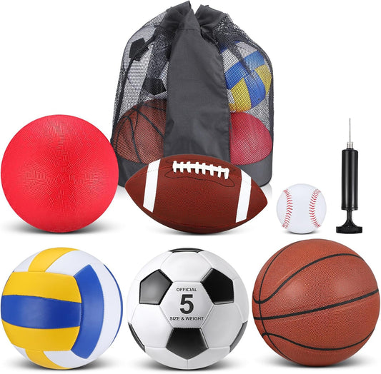 Libima 6 Pcs Multi Sport Ball Set Official Size Football, Basketball, Soccer, Volleyball, Playground Ball, Baseball with Sports Equipment Bag Pump for Teen Adult Christmas School Gift