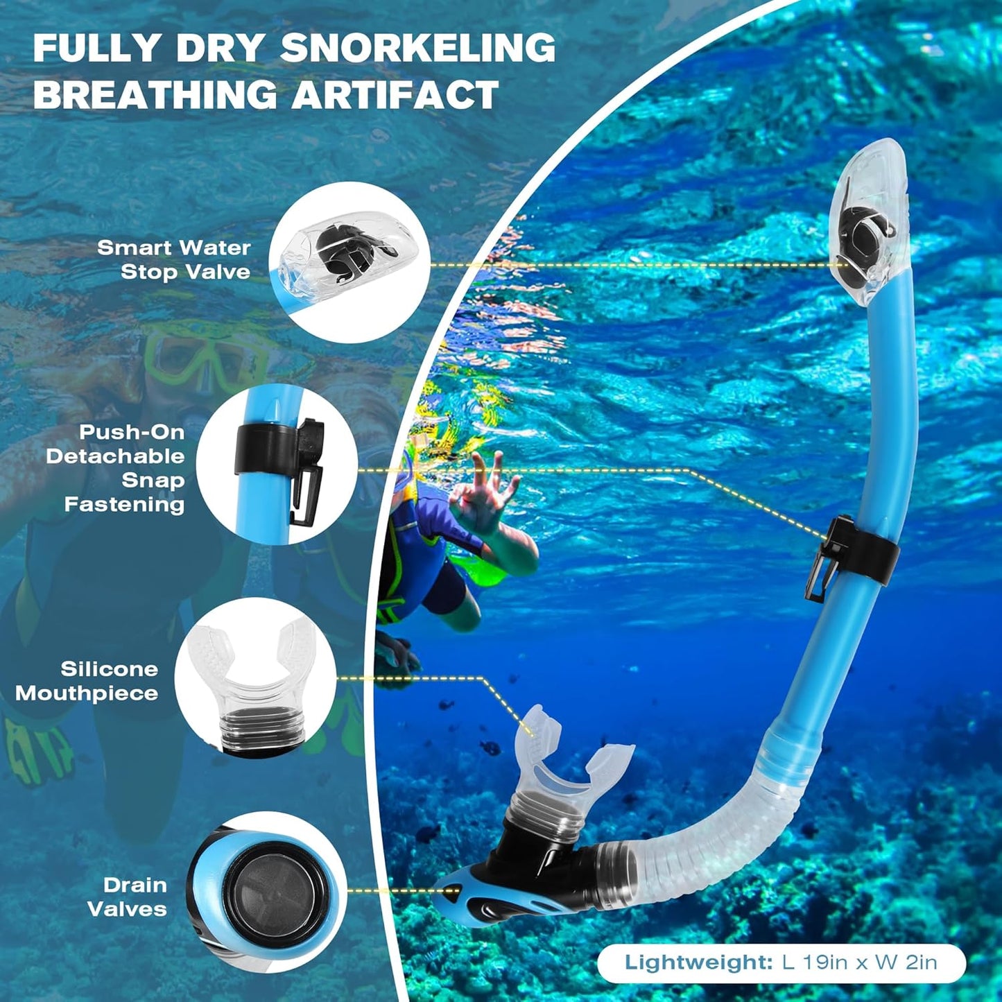 Diving Dry Snorkel, Easy Breath Diving Snorkel for Snorkeling, Scuba Diving, Freediving, Swimming Training, Design with Food-Grade Silicone Mouthpiece/Top Dry Valve for Adult Youth