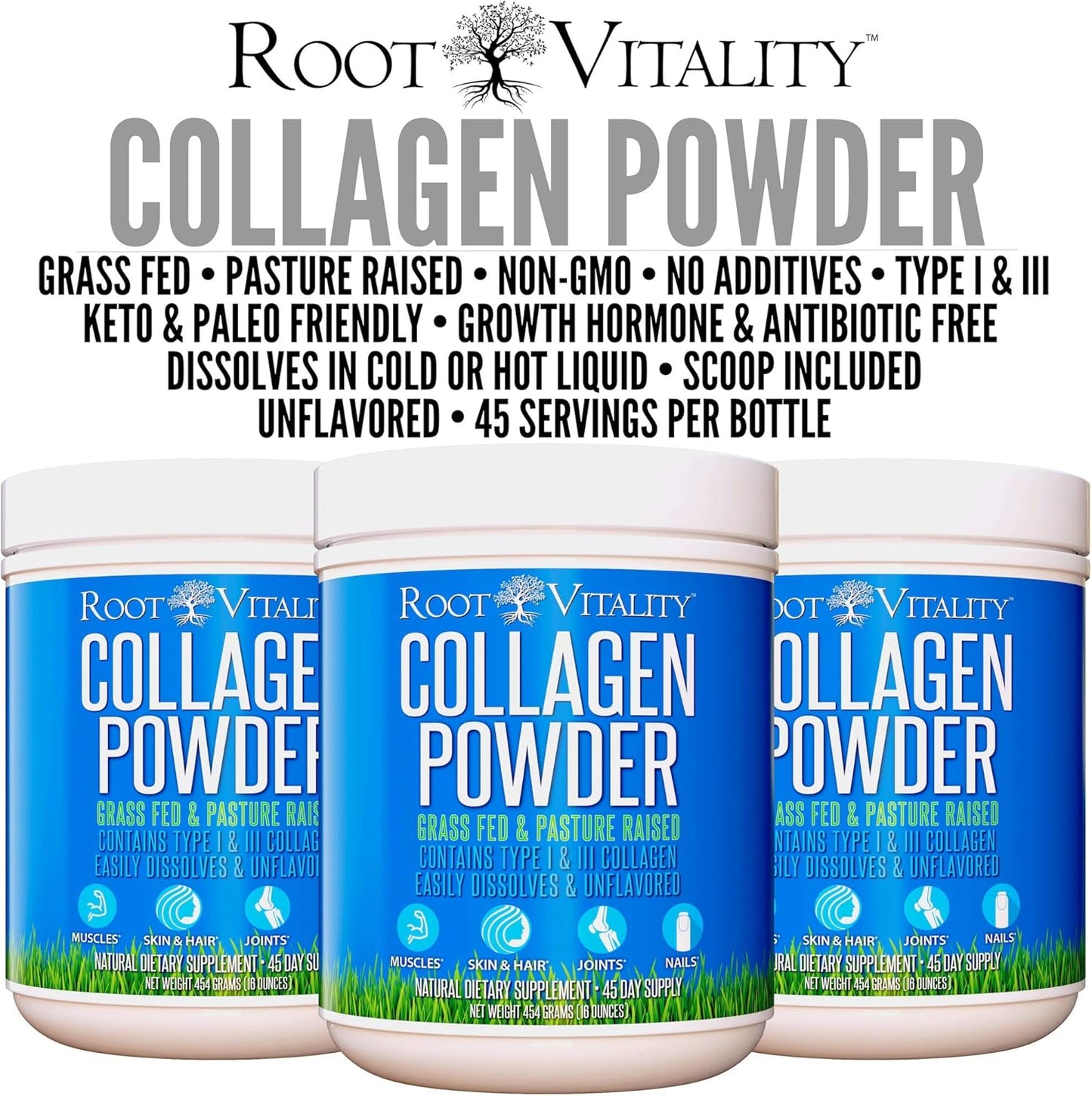 Collagen Peptides Powder - Grass-Fed, Pasture-Raised Hydrolyzed Protein Supplement for Skin, Hair, & Nails - Non-GMO, Zero Sugar Daily Supplement for Men & Women (45 Servings)
