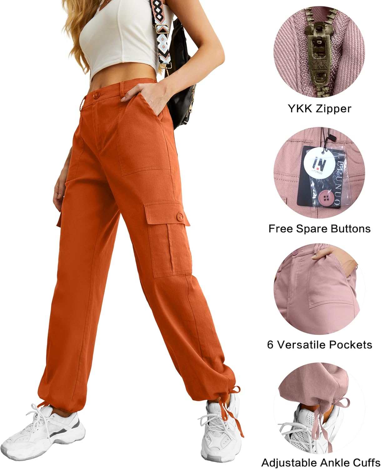 Lepunuo Women's High Waisted Cargo Pants Travel Y2K Streetwear Baggy Stretchy Pants with 6 Pockets Drawstring Ankle Cuffs