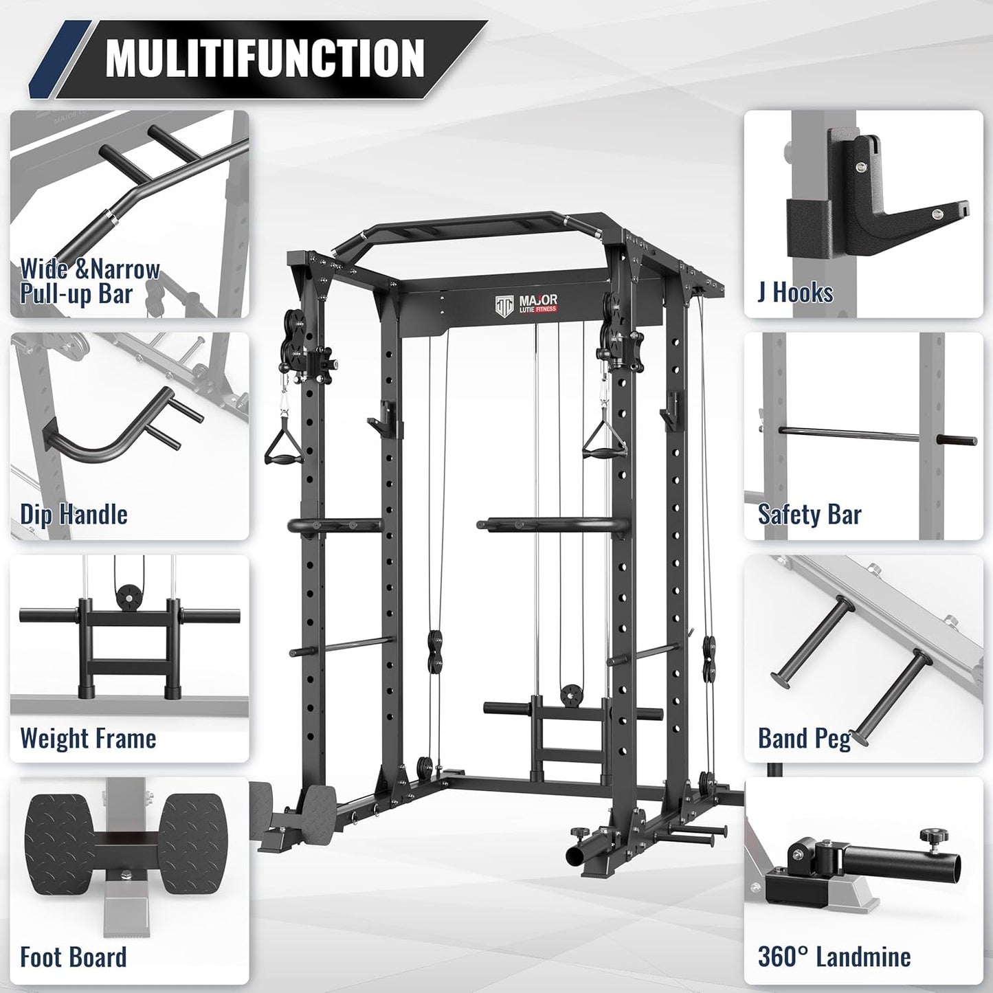 MAJOR FITNESS PLM03 Power Rack - 1400LBS Home Gym with Cable Crossover, Pull-Up Bar & Landmine, Strength Training Equipment