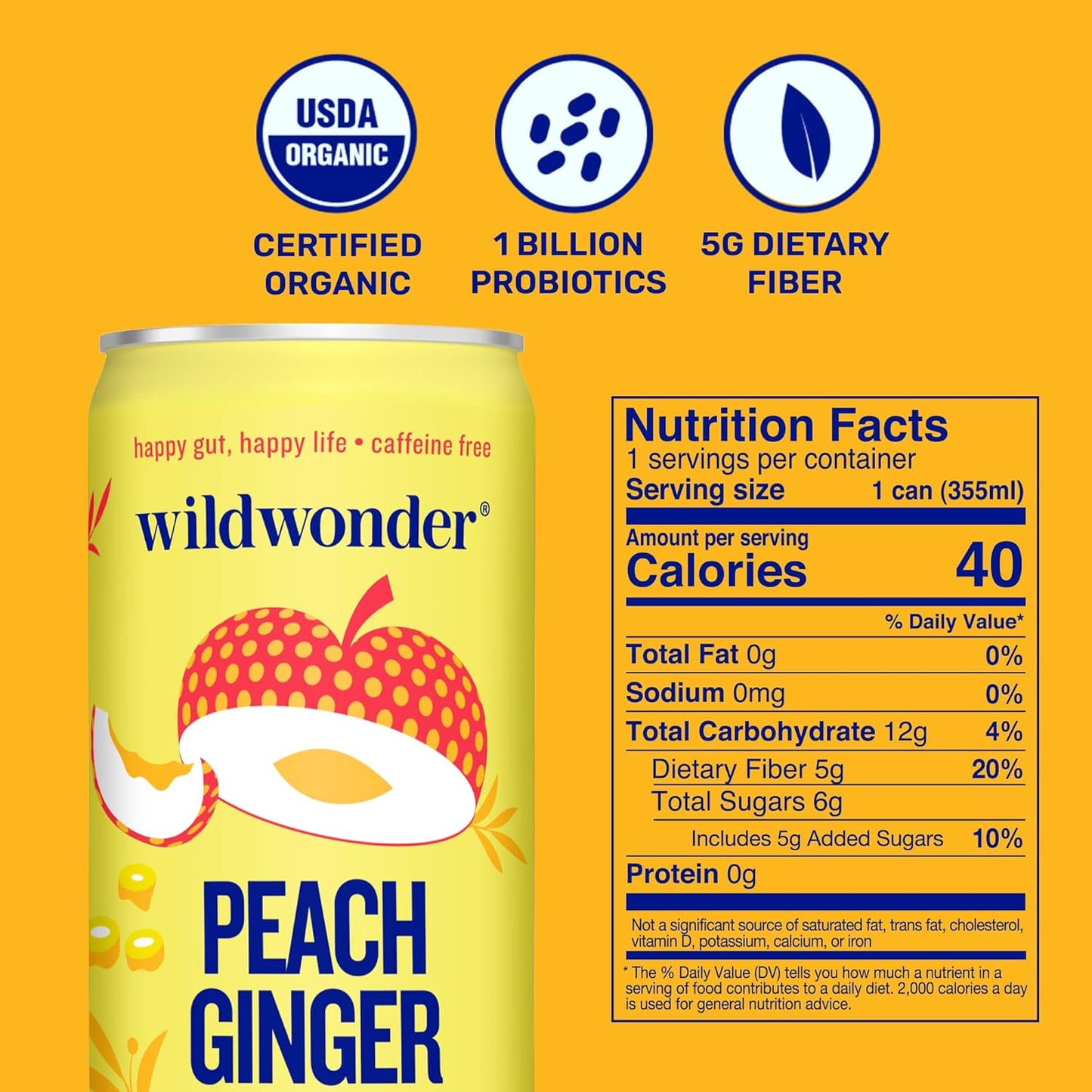 wildwonder Sparkling Probiotic Drink 12pk, For Gut Health & Immune Support, Peach Ginger, 5g Prebiotic Fiber, Live Probiotics, Organic, Vegan, Low Sugar, 12 Pack, 12oz Can, As Seen on Shark Tank