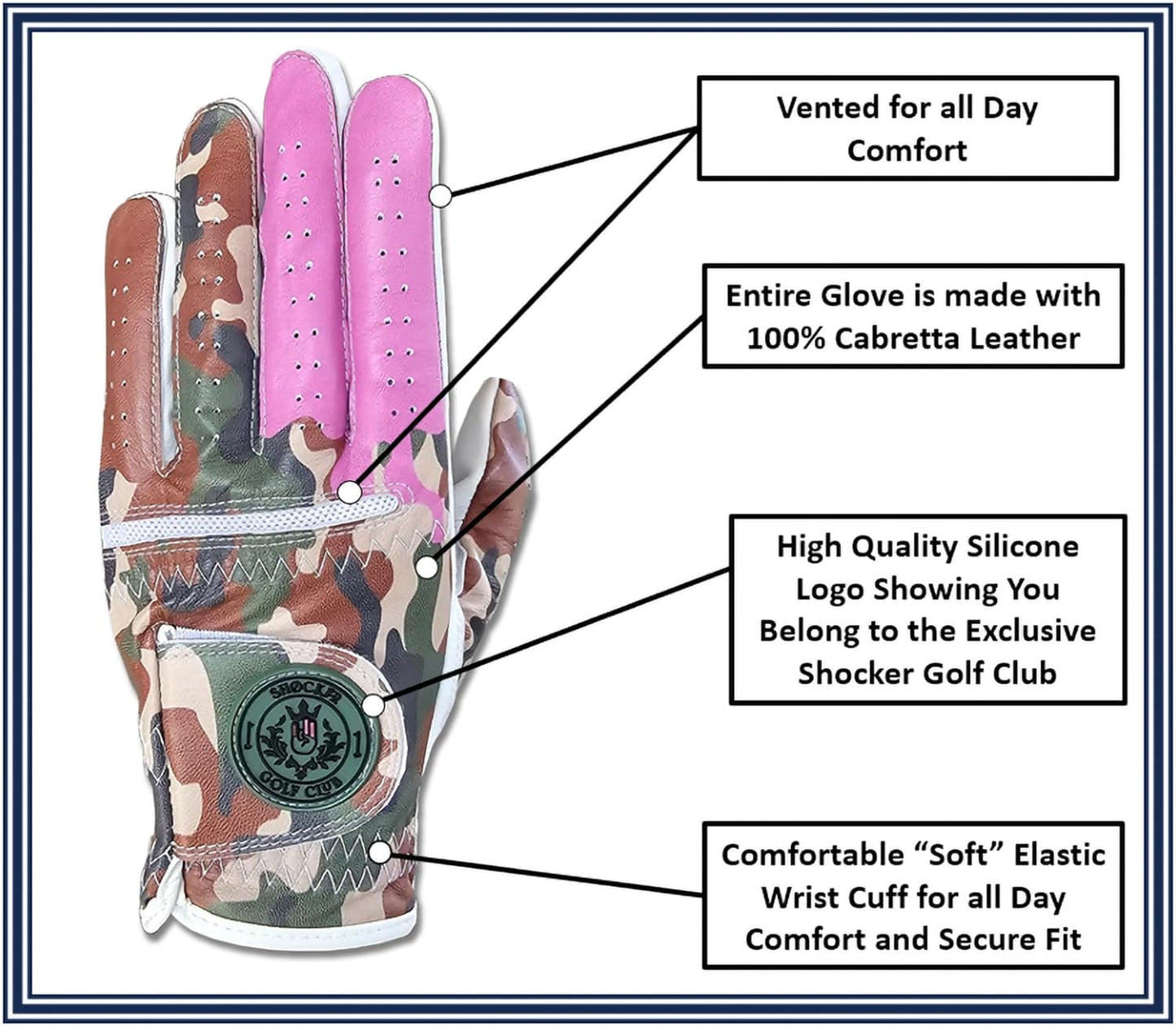 Shocker Camo Golf Glove Men's - Premium Cabretta100% Leather, Durable Grip, White and Camo, Adult Men's Golf Gloves, Funny Gag Gift, Left & Right Handed, Small to XXL Sizes