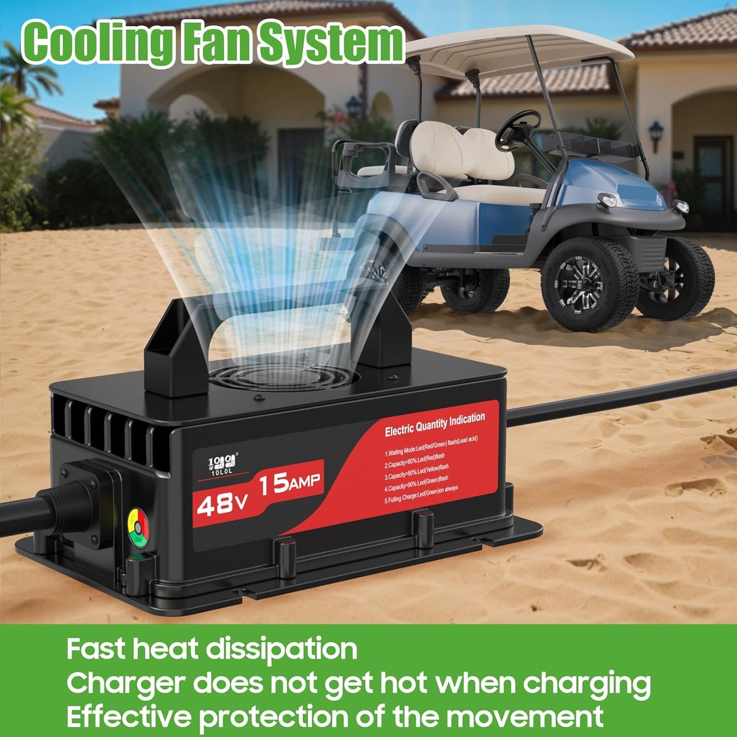 10L0L Club-Car-DS Charger 48V 15A 3-Pin Round Plug Golf Cart Rapid Charger - IP68 Waterproof, Auto Shut-Off, Smart Cooling, Aluminum Housing, Charging Indicator (Black)