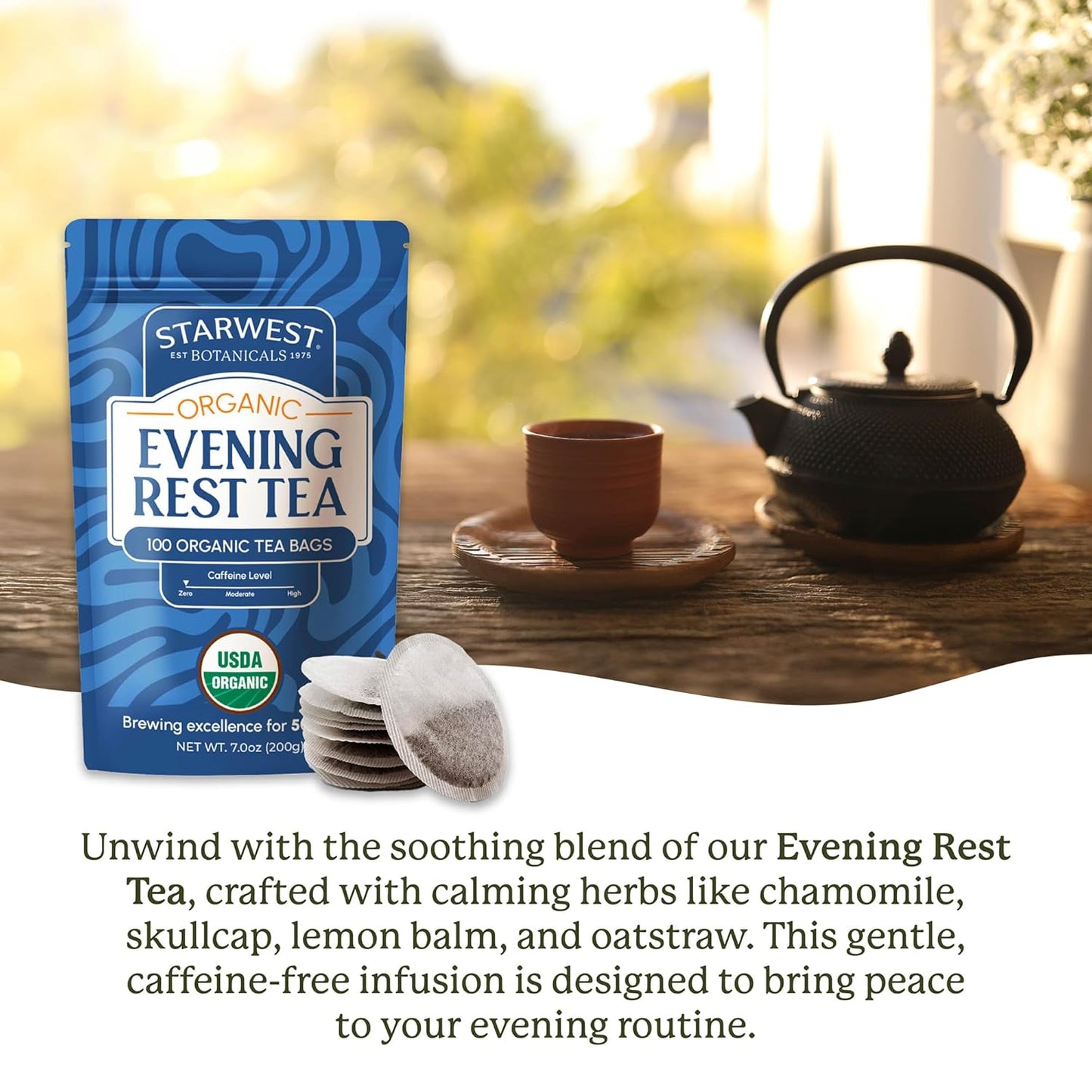 Starwest Botanicals Organic Evening Rest Tea - Caffeine Free Herbal Tea Blend for Sleep, Contains Chamomile & Lemon Balm, String Free Sachets, USDA Organic, Non GMO - Bulk Pack, 100 Tea Bags