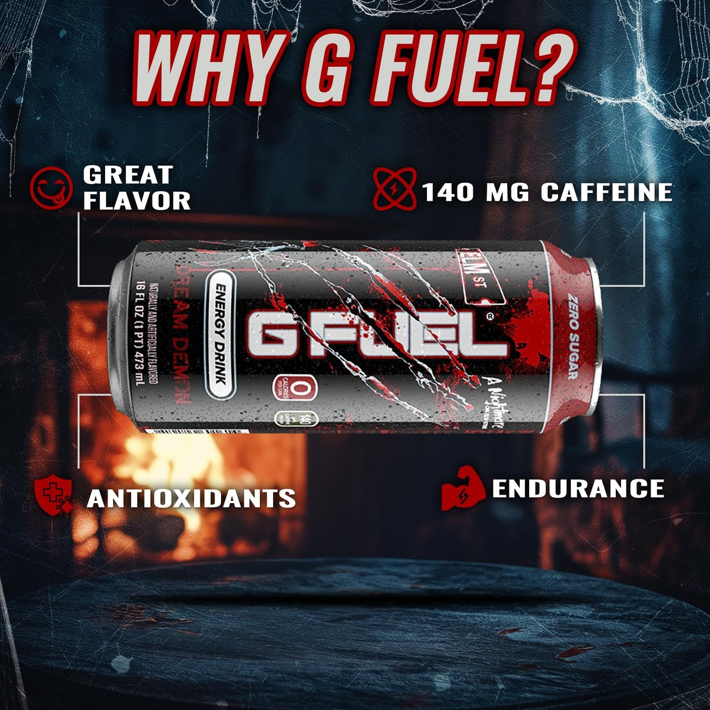 G Fuel Energy Drink, Fruit Punch, Sugar Free Beverage with 140mg Caffeine, Daily Energy Boost with Focus Amino, Vitamin + Antioxidants, 16 oz Cans (Nightmare on Elm Street, 12-Pack)