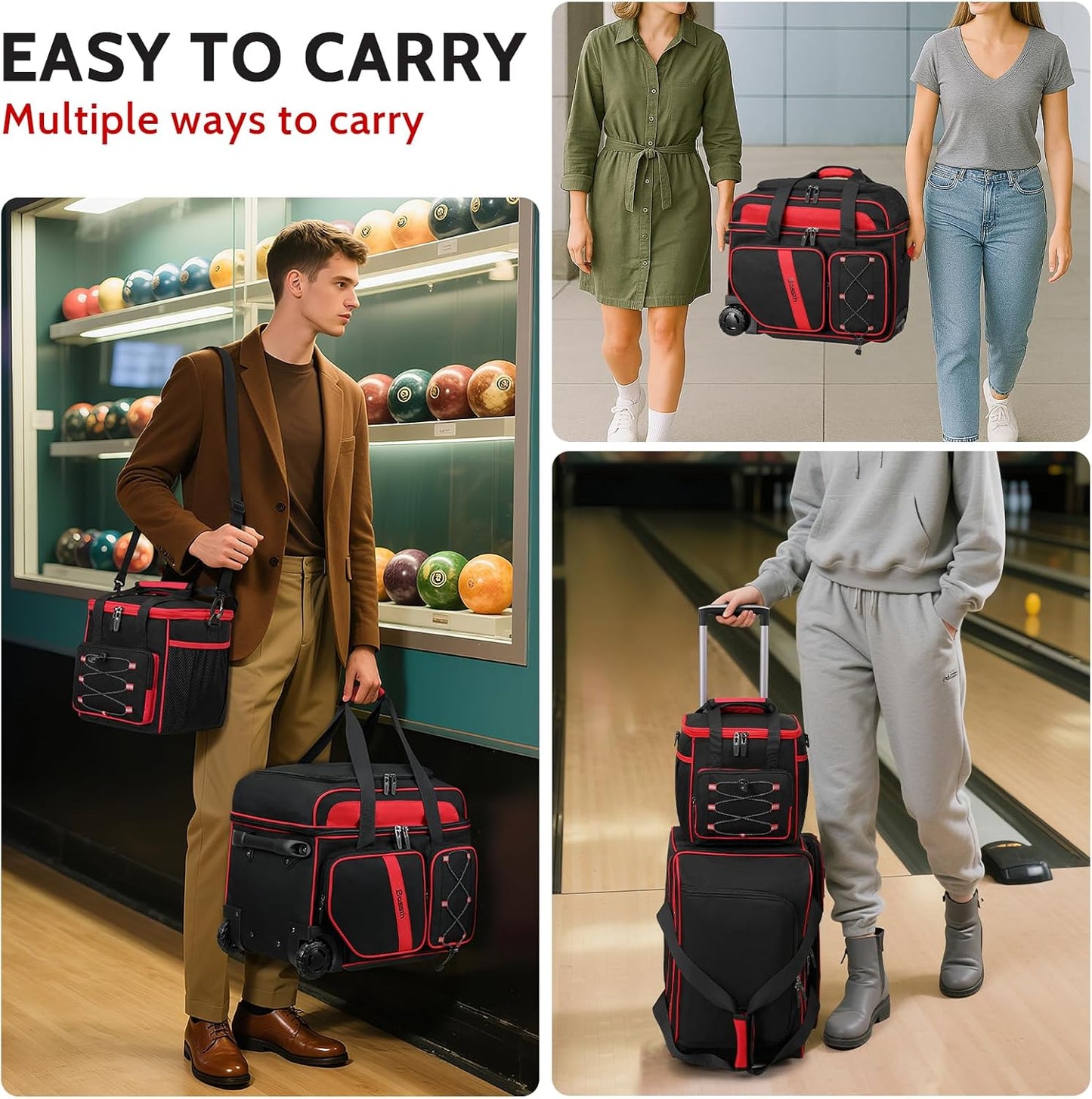 3 Ball Bowling Bag with Wheels, 2 Ball Bowling Bags Double roller with 1 Ball Add On Bag, Multi-Pockets & Shoe Compartment (Fits Up to Size 15)