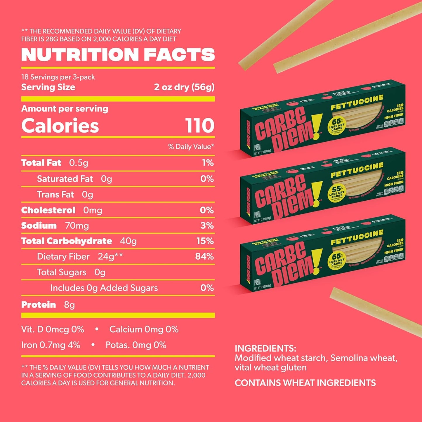 Carbe Diem!, Fettuccine, Lower Net Carb Pasta with Traditional Flavor & Texture, 55% Fewer Net Carbs & Only 110 Calories Per Serving, Pack of 3