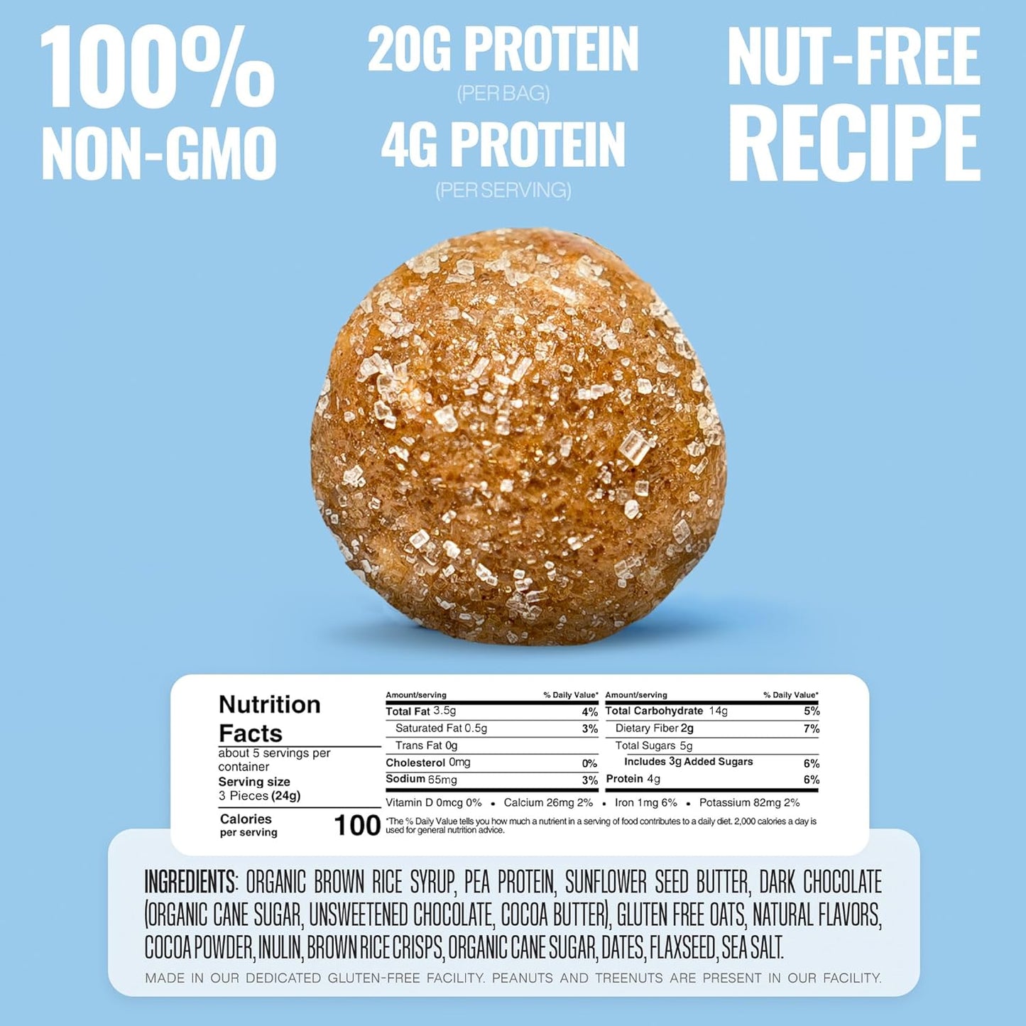 The Gluten Free Brothers Chocolate Chip Cookie Dough Nut Free Bites - Allergen Friendly, Gluten Free, Soy Free Protein Balls – Plant Based Vegan Non-GMO Snack Size Protein Energy Balls, 4 oz (6 Count)