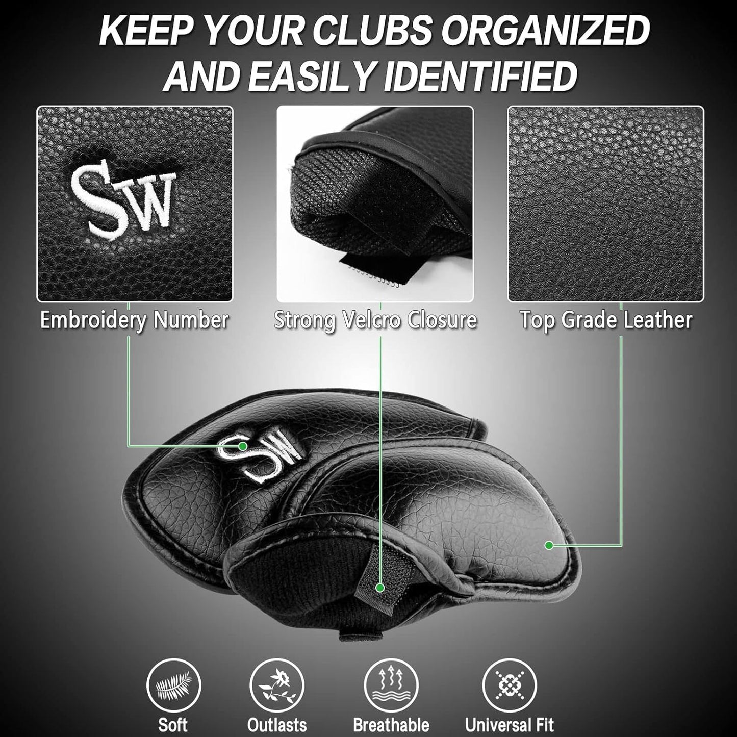 FINGER TEN Premium Synthetic Leather Stylish Iron & Wedge Golf Head Covers Value 12 Piece Set, Embroidered Labels & Fits Most Clubs Gift Set, Travel Protection Accessories