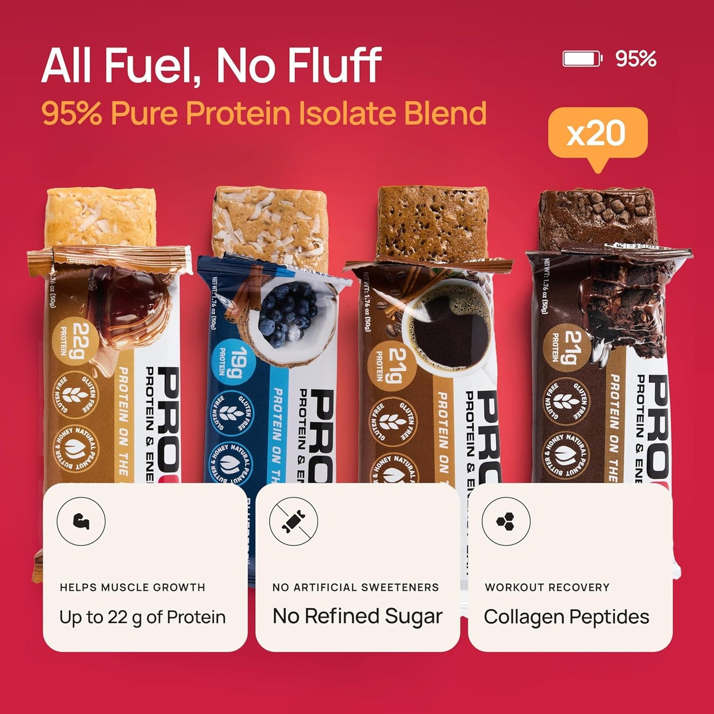ProGo Protein Bars, Low Sugar, High Protein Snacks (Up to 22g) - 95% Pure Isolate for Faster Muscle Growth & Recovery, Low Calorie, Sweetened w/Peanut Butter & Honey (20-Count, Variety Pack)