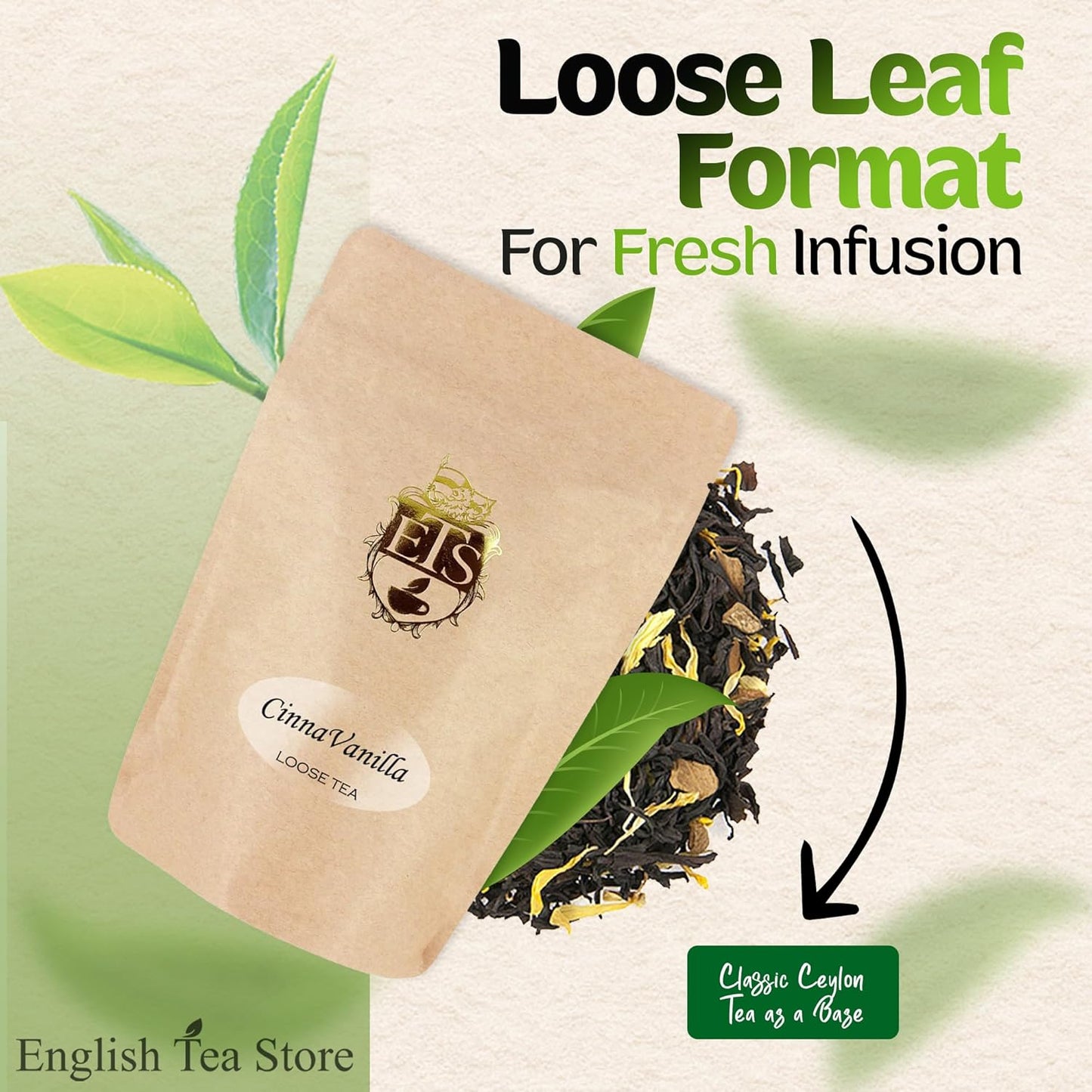 English Tea Store Cinna-Vanilla Flavored Black Tea | Loose Leaf Tea Pouches - 4oz Pouch | Warm Cinnamon and Creamy Vanilla Blend | Ceylon Tea Base | Cozy and Aromatic Cup | Serve Hot or Iced