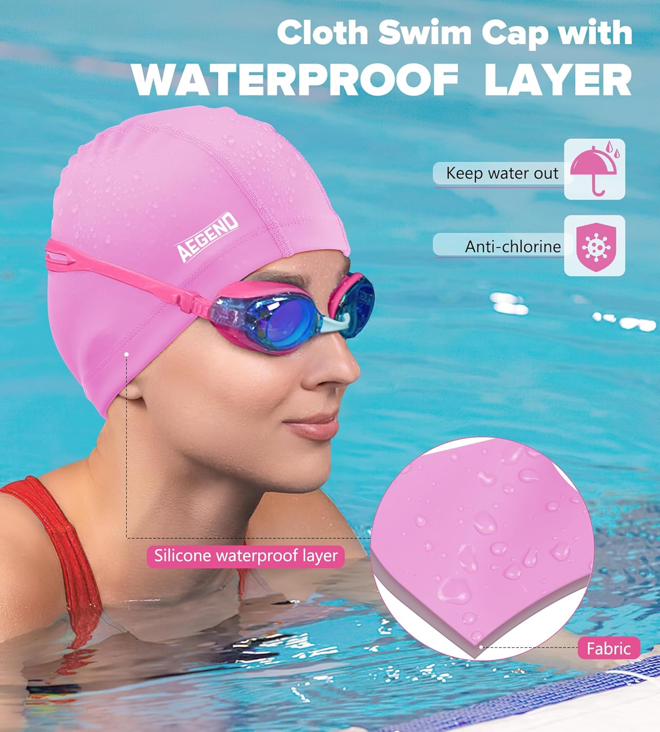 Aegend Fabric Swim Cap, Silicone Waterproof Layer - Breathable Cloth Swimming Cap, Keep Hair Dry with Hight Elasticity for Youth(8-16) Adult, 2 Sizes to Choose