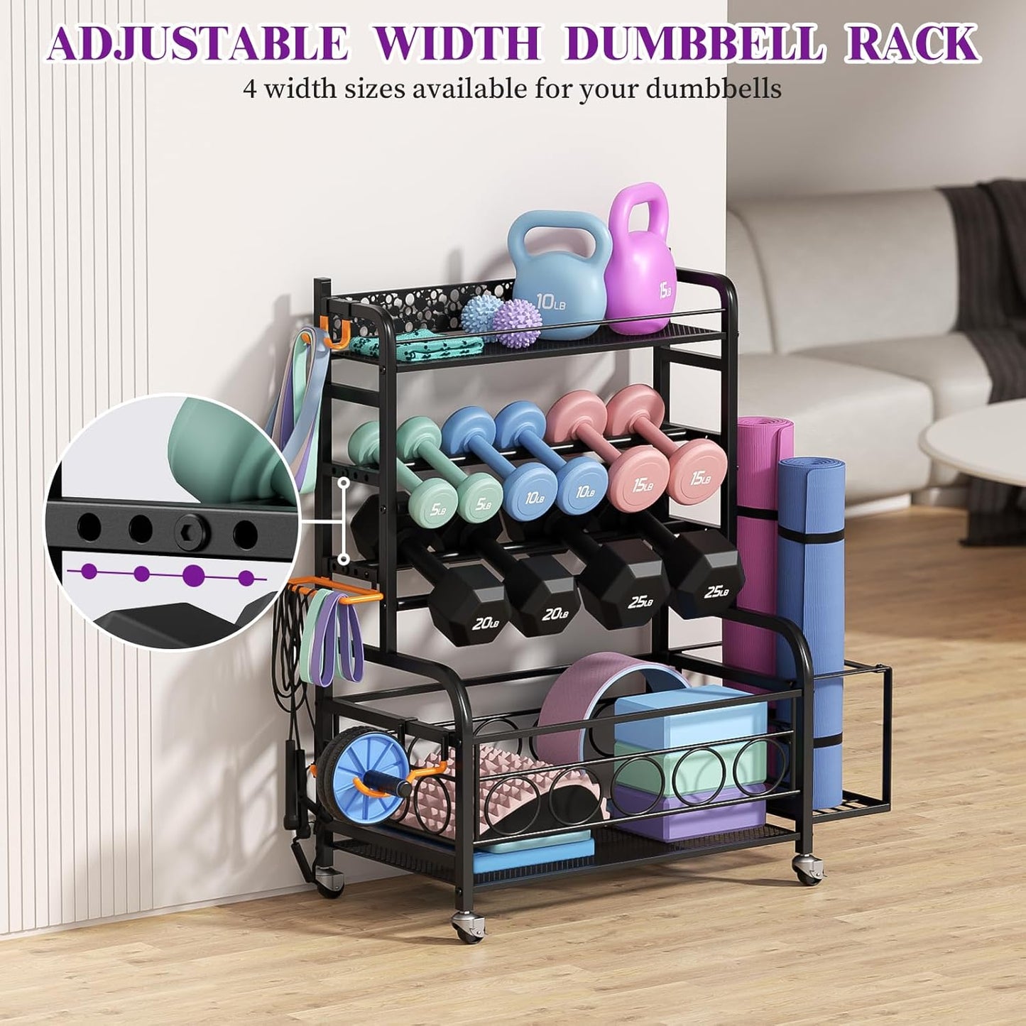 Dumbbell Rack, VOPEAK Weight Rack for Home Gym, Home Gym Storage Rack for Yoga Mat Kettlebells and Strength Training Equipment, Weight Storage Rack for Dumbbells with Wheels
