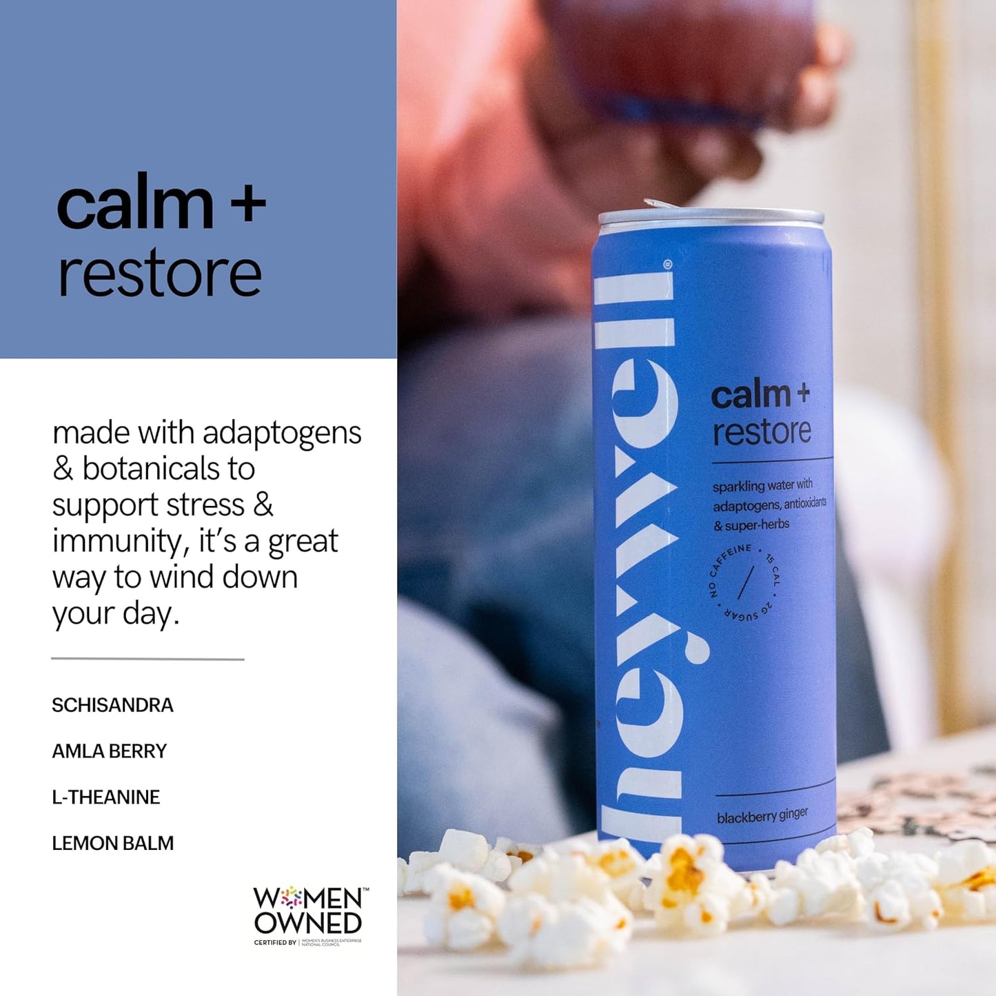 Heywell Sparkling Adaptogenic Water Calm and Restore, Blackberry Ginger Flavor 12 Fluid Ounce (Pack of 12) - Non Caffeinated, Organic, Non GMO, Vegan, Gluten Free, Dairy Free