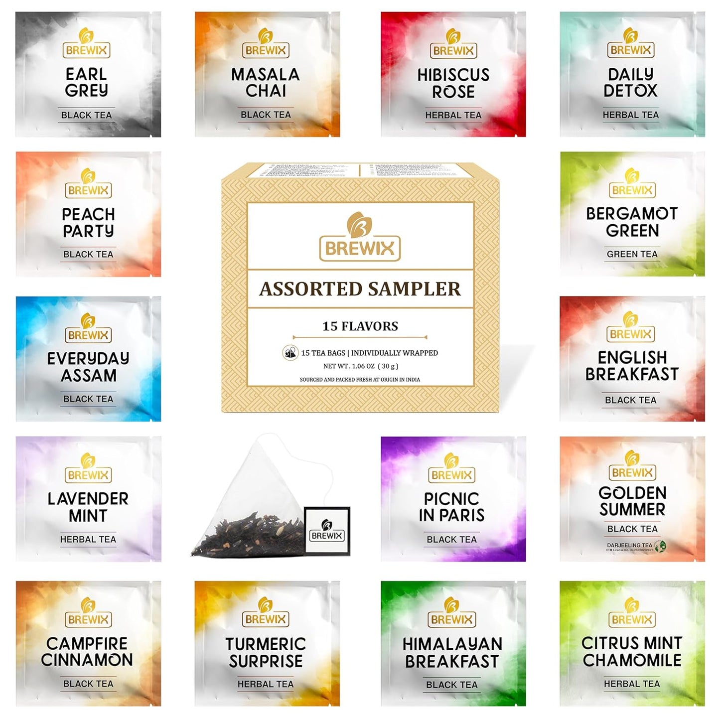 BREWIX Premium Assorted Tea Sampler Gift Box (15 Pyramid Individually Wrapped Tea Bags) | Herbal Tea, Black Tea, Green Tea | Tea Gift Set & Variety Pack | Gifts for Women & Men, Tea Set