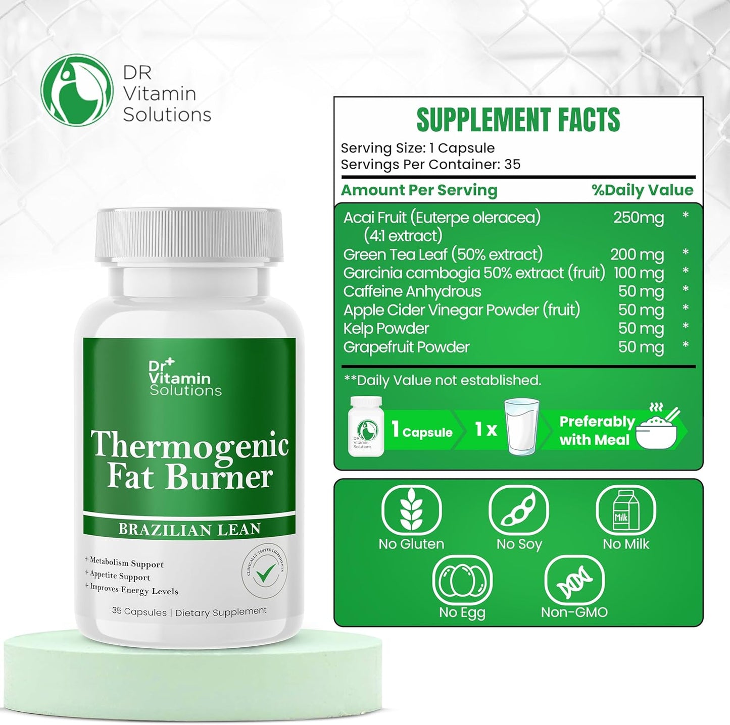 DR VITAMIN SOLUTIONS Thermogenic Fat Burner – Natural Appetite Control & Metabolic Booster with Green Tea & Bloat Defense (35 Capsules)