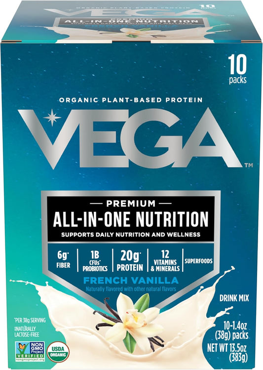 Vega Organic All-in-One Vegan Protein Powder, French Vanilla -Superfood Ingredients, Vitamins for Immunity Support, Keto Friendly, Pea Protein for Women & Men, 13.5 oz (Packaging May Vary)