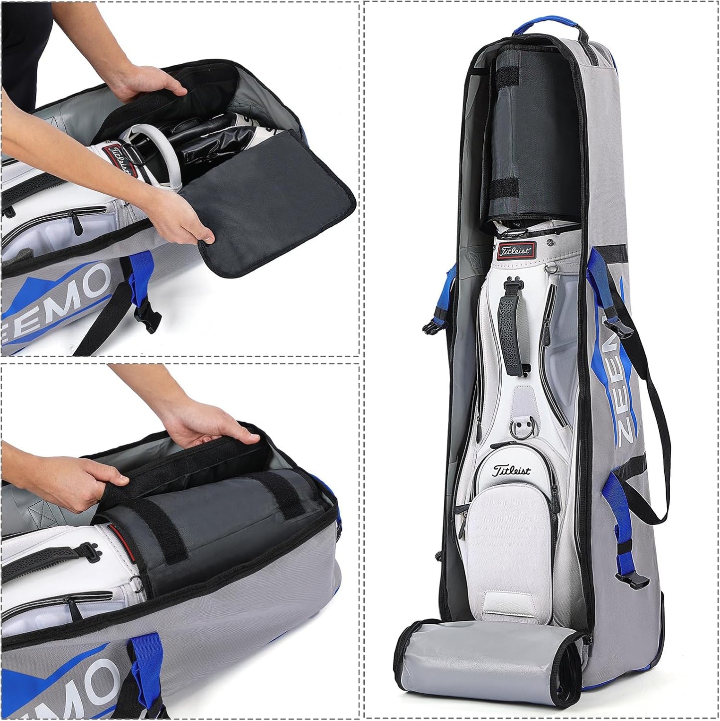 ZEEMO Golf Travel Bag, Full-Open Protective & Wheeled Airline-Approved Case for Clubs, Cart&StandBag, Soft-Sided Waterproof Cover Made of Heavy Duty Oxford