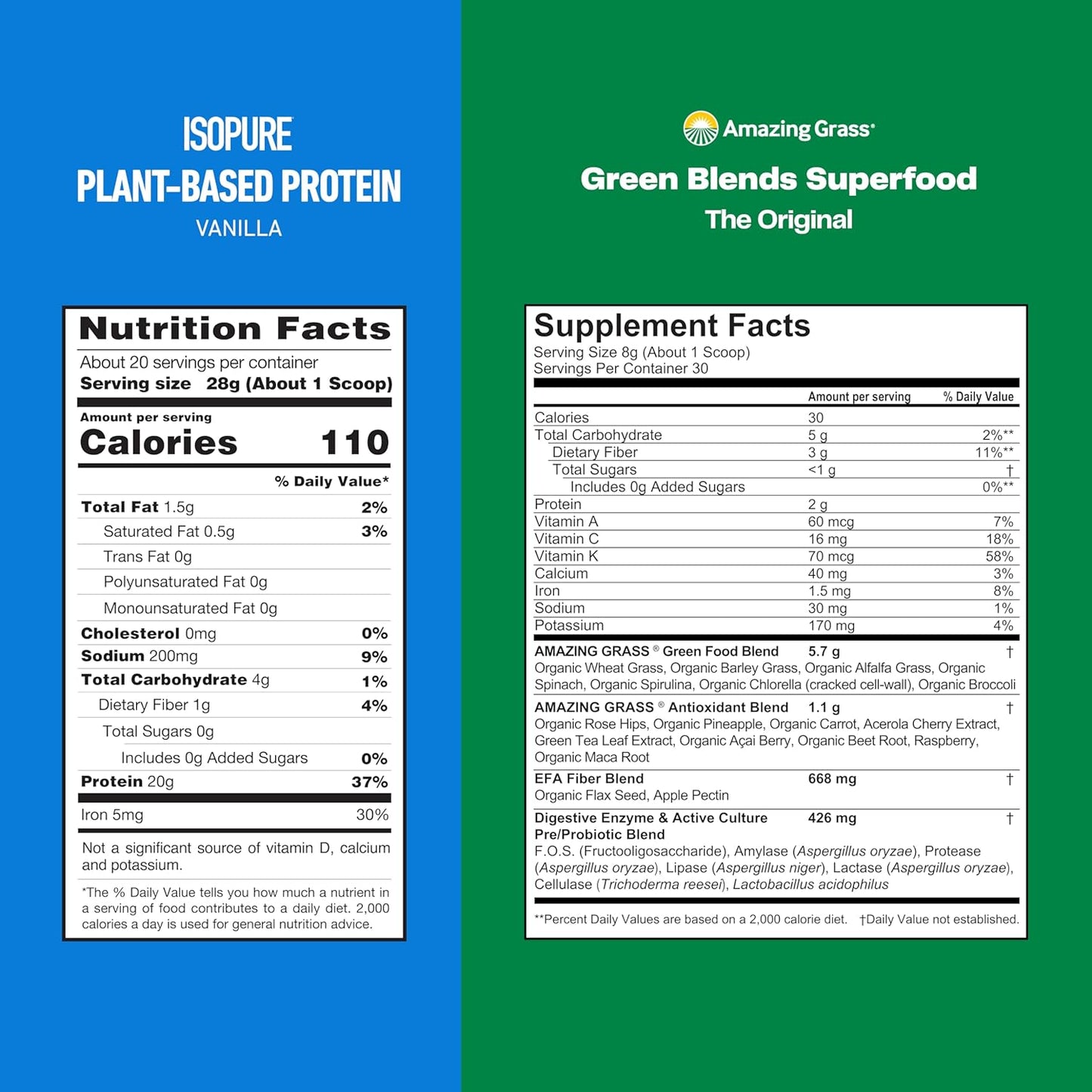 Bundle of Amazing Grass Greens Superfood Powder: Original, 30 Servings + Isopure Vanilla Vegan Protein Powder, Plant Based, Organic Pea Protein, Dairy Free, 20 Servings (Packaging May Vary)