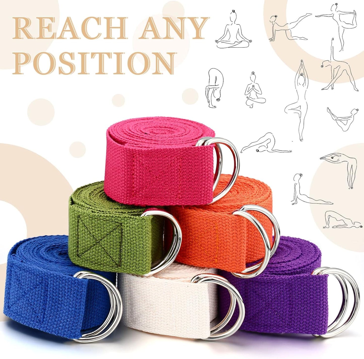 6 Pcs Yoga Strap for Stretching 8 Ft Yoga Exercise Adjustable Straps Bands with Safe Adjustable D Ring Buckle for Pilates Gym Workouts Fitness Improves Sitting Posture