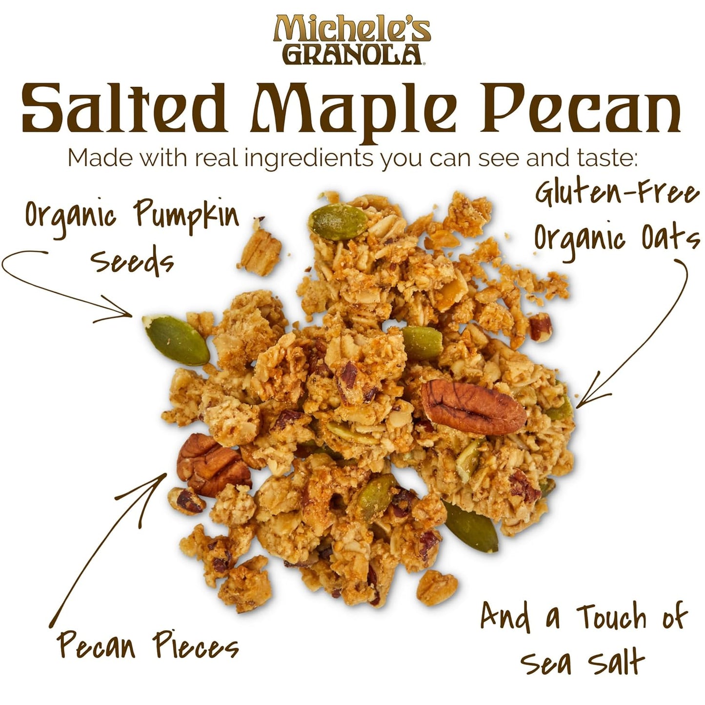 Michele's Granola - Salted Maple Pecan - Handmade Non-GMO Whole Grain Oats - Free of Gluten, Soy, Wheat, & Dairy