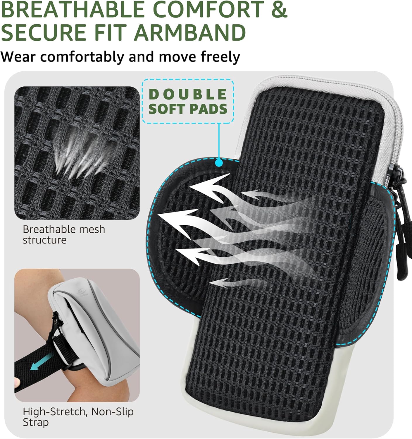 HiRui Arm Bag & Wrist Bag Phone Holder, Sports Running Armband for Gym, Cycling & Workout, Compatible with iPhone 16/15/14 Series, Samsung Galaxy & More, Reflective, Adjustable, Secure Fit (Gray)