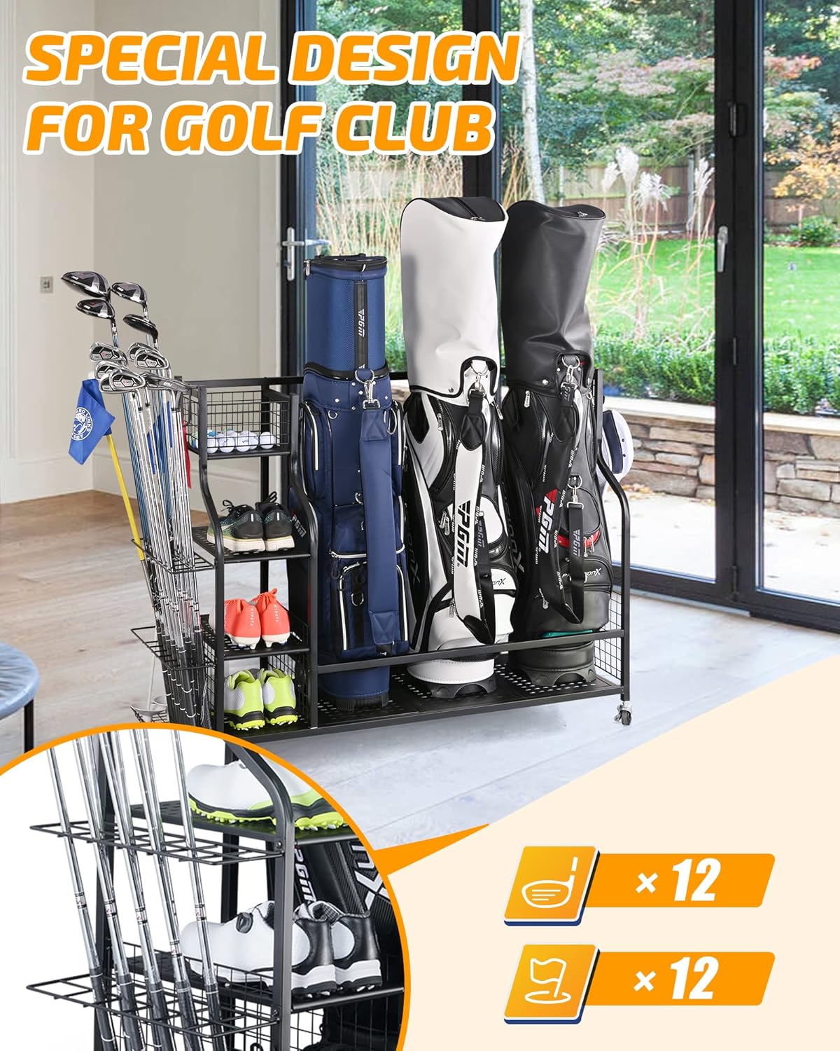PLKOW Golf Bag Storage Garage Organizer, Extra Large Size Golf Bag Storage Stand and Golf Equipment Rack for Garage,Shed, Basement